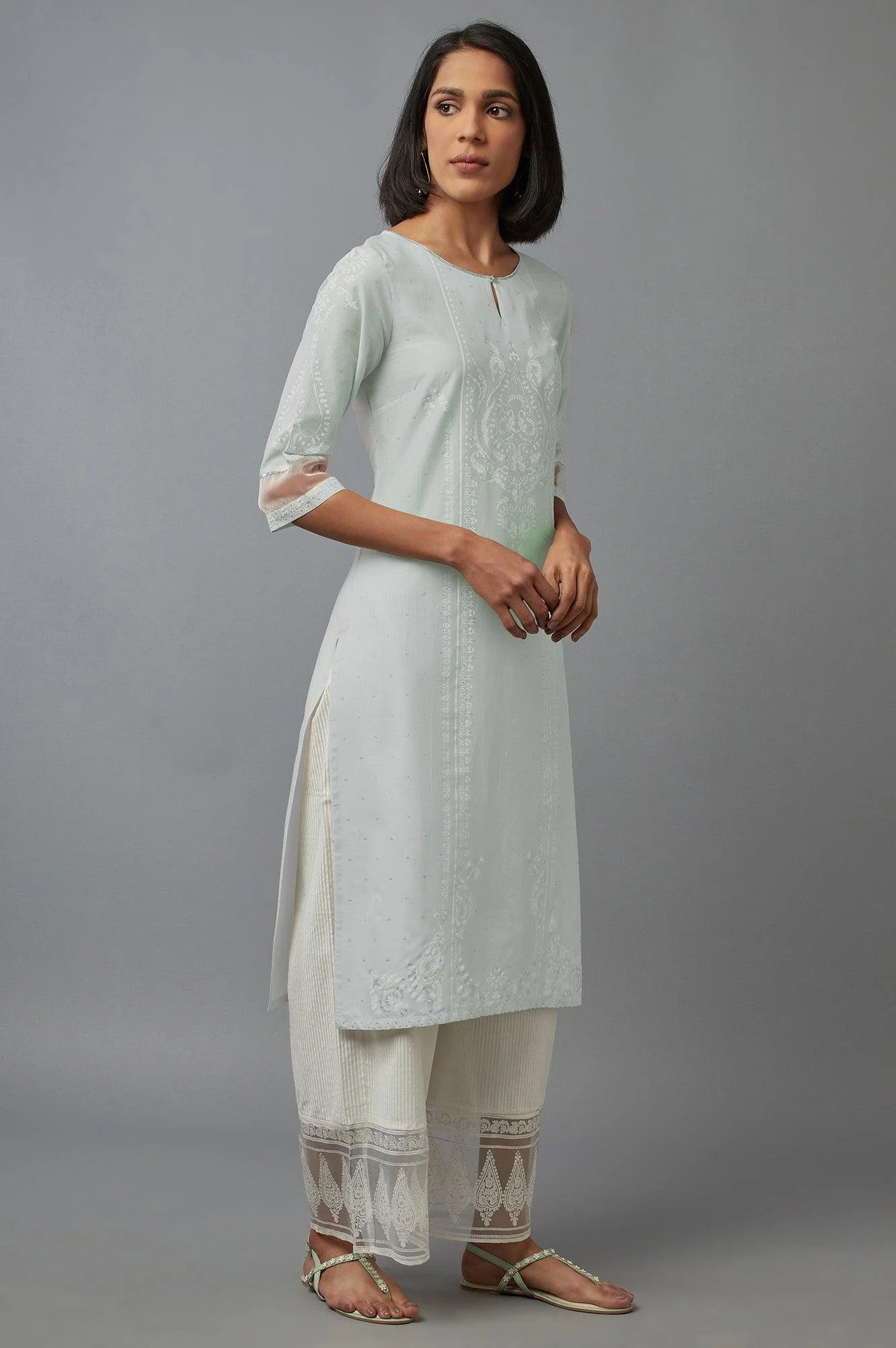 Subtle Green Printed kurta with Sequins - Image 4