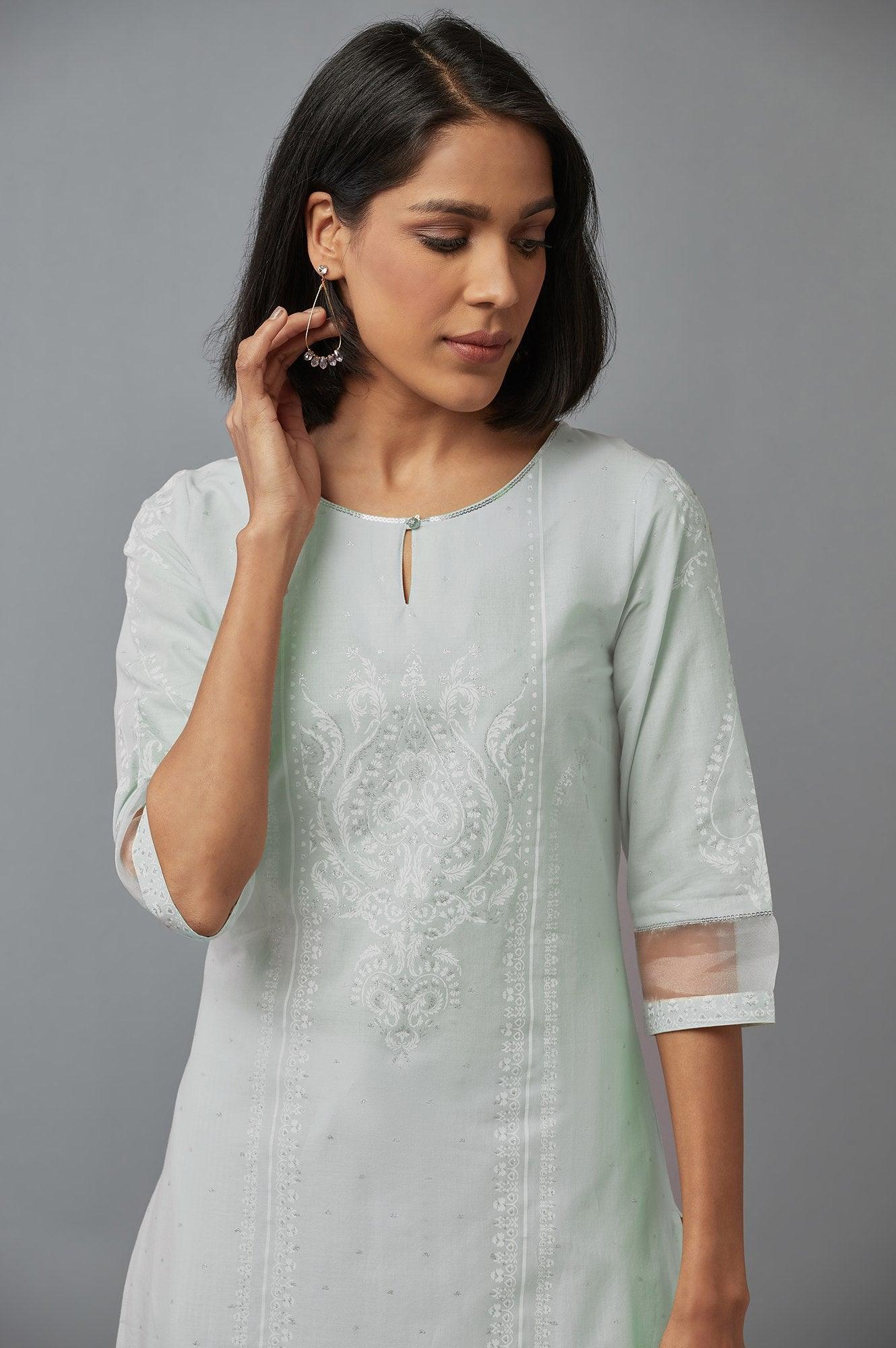 Subtle Green Printed kurta with Sequins - Image 5