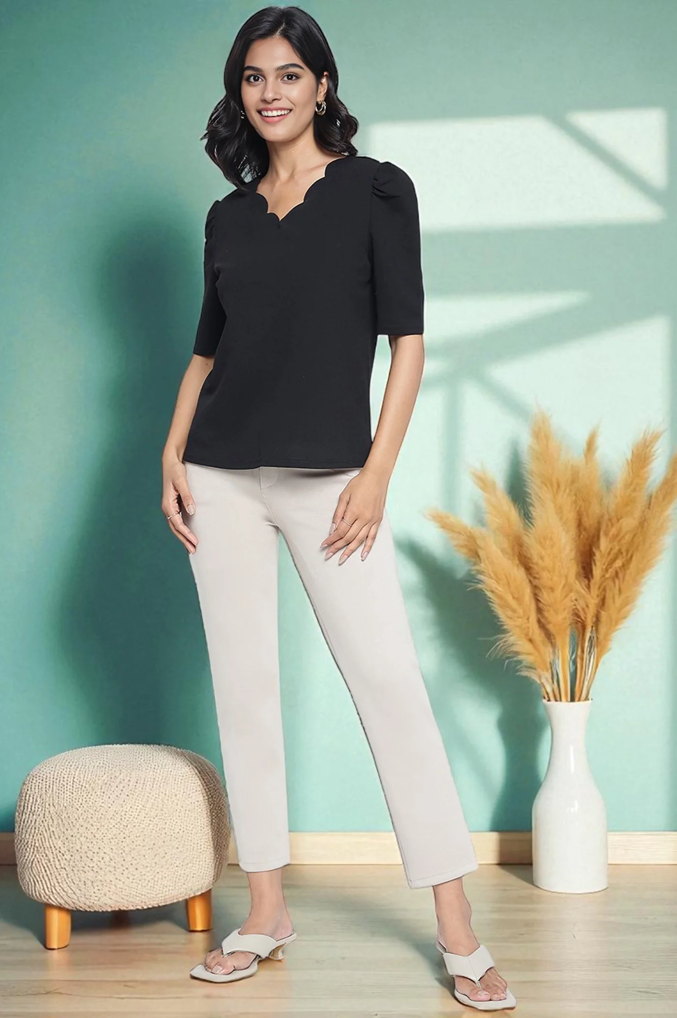 Tan Solid Mid Rise Trouser in Ankle Length - Image 6