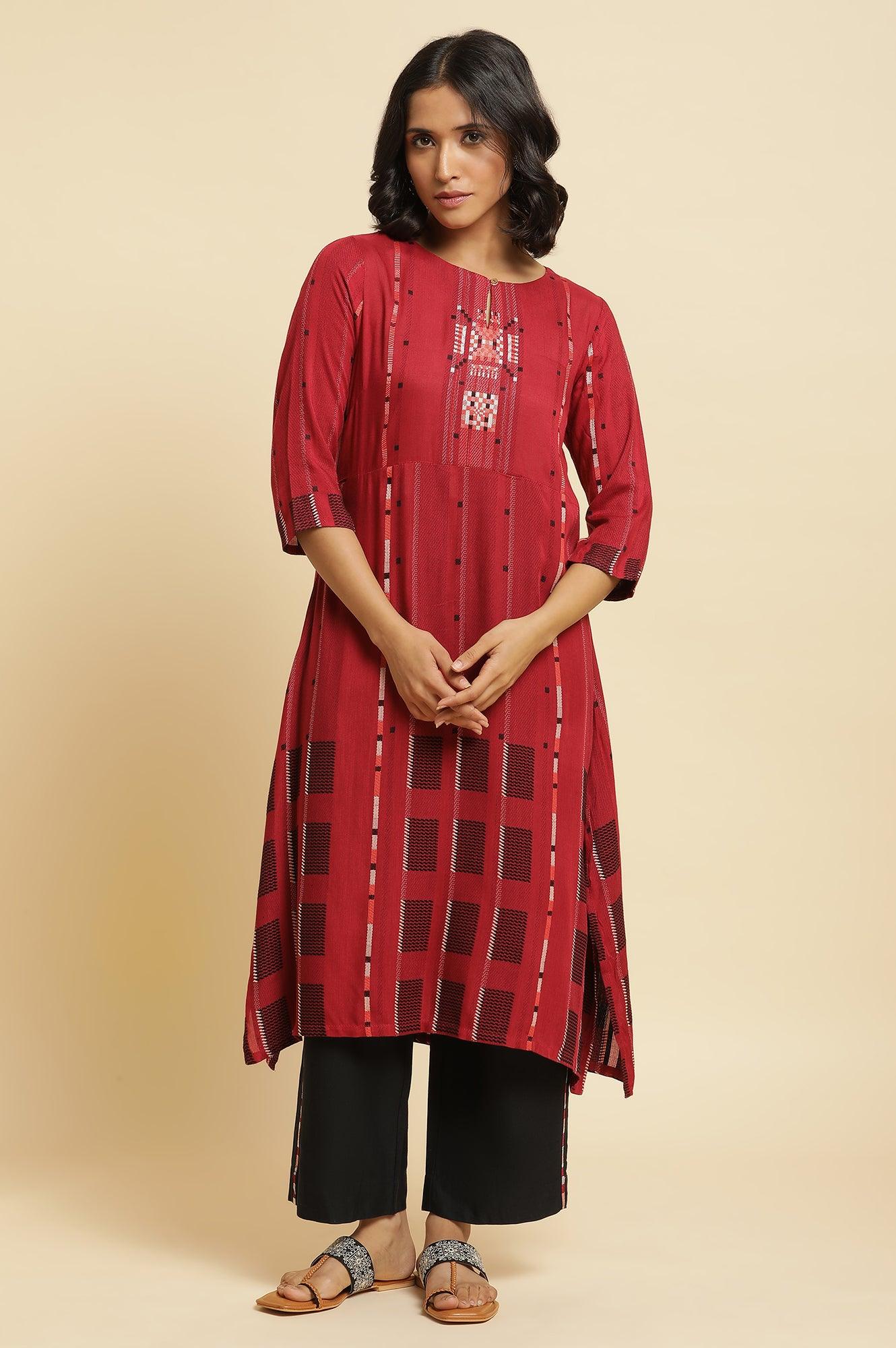 Tango Red Dobby Kurta & Parallel Pants Set - Image 2