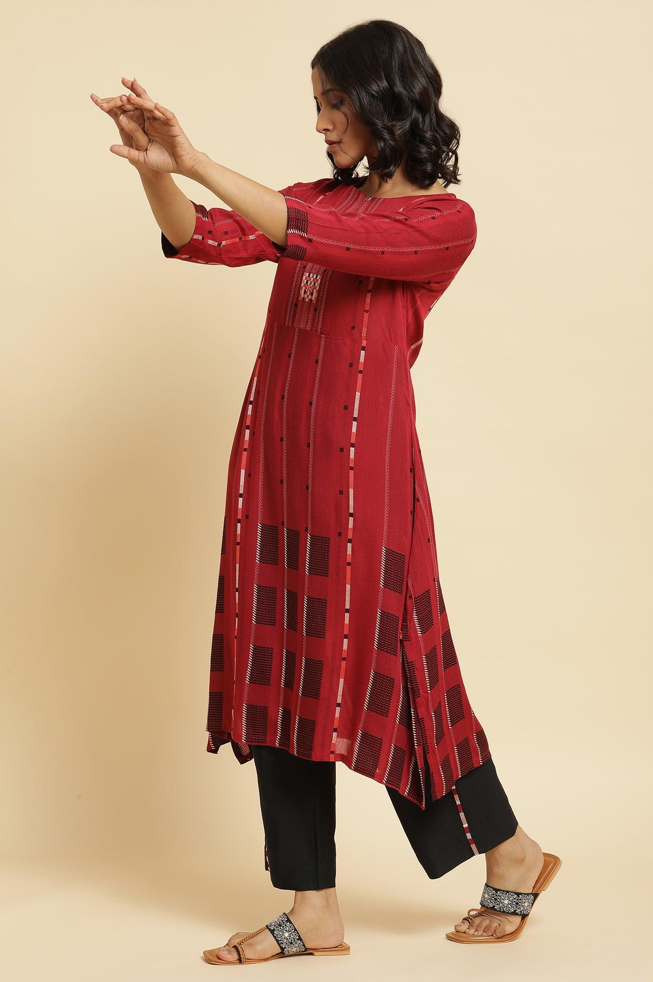 Tango Red Dobby Kurta & Parallel Pants Set - Image 3