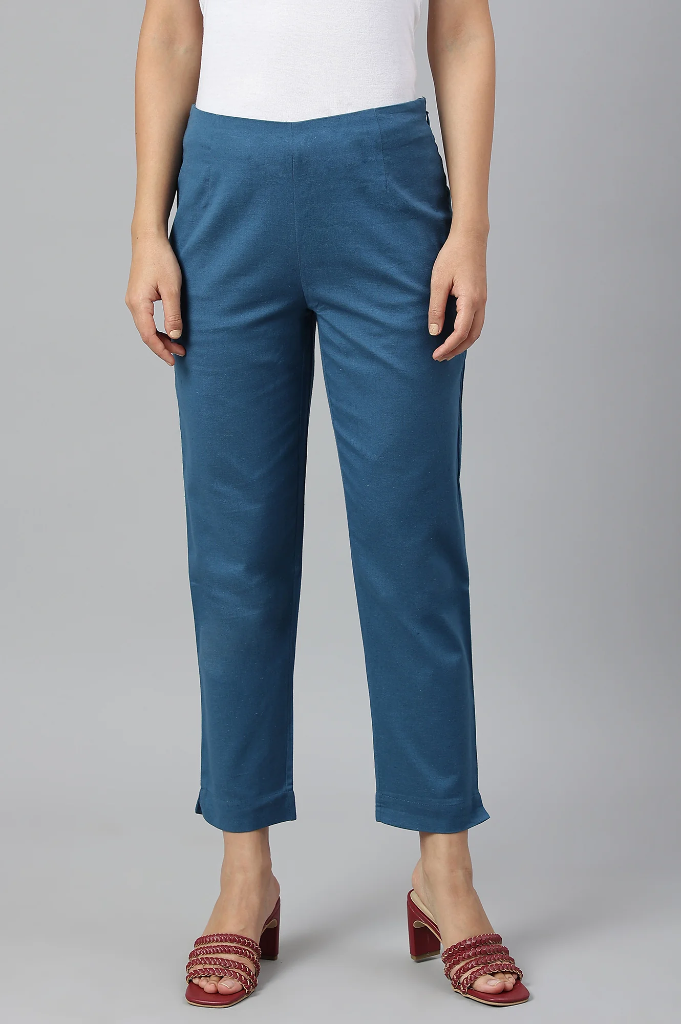 Teal Blue Cotton Blend Slim Pants