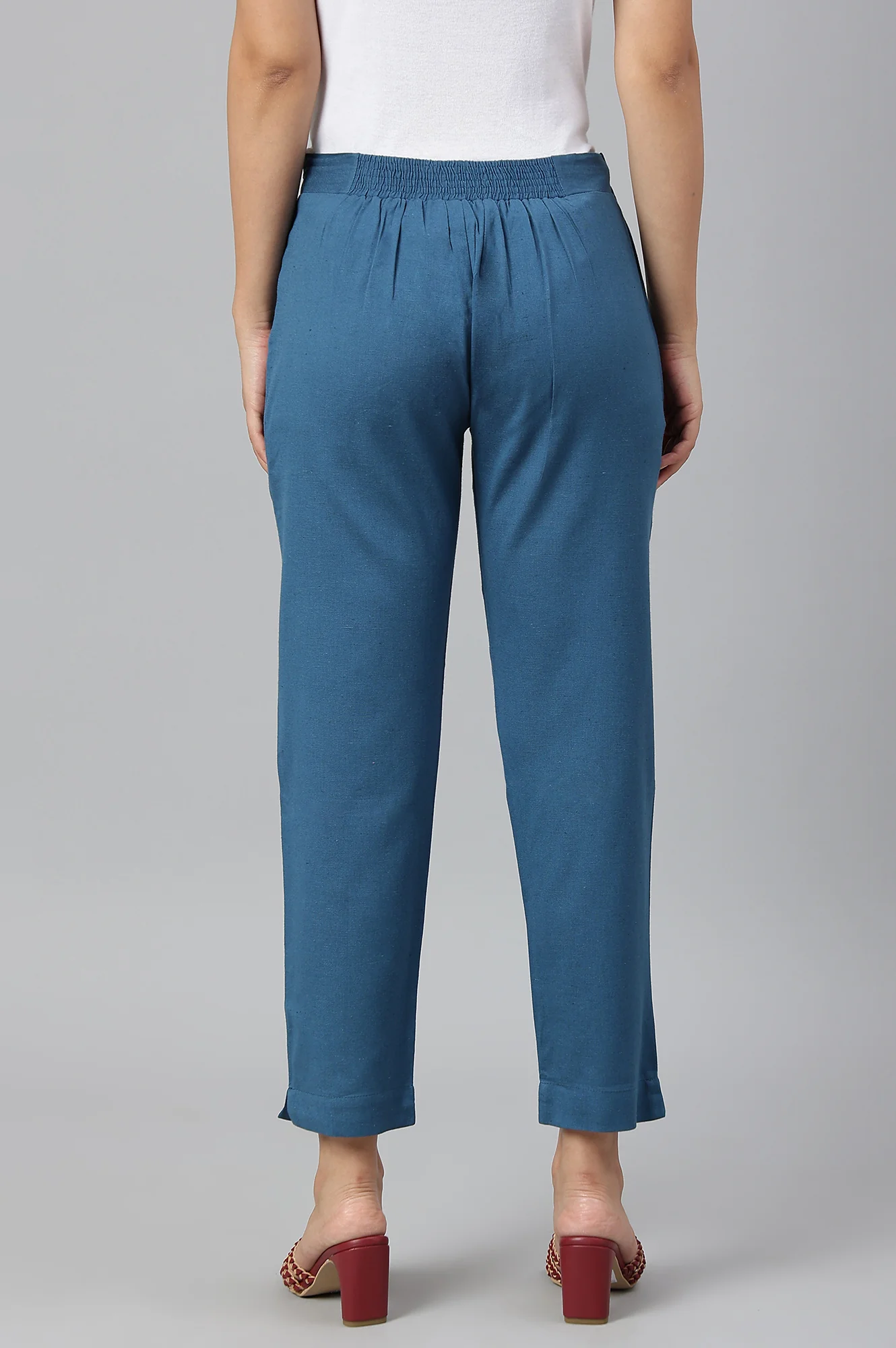 Teal Blue Cotton Blend Slim Pants - Image 4