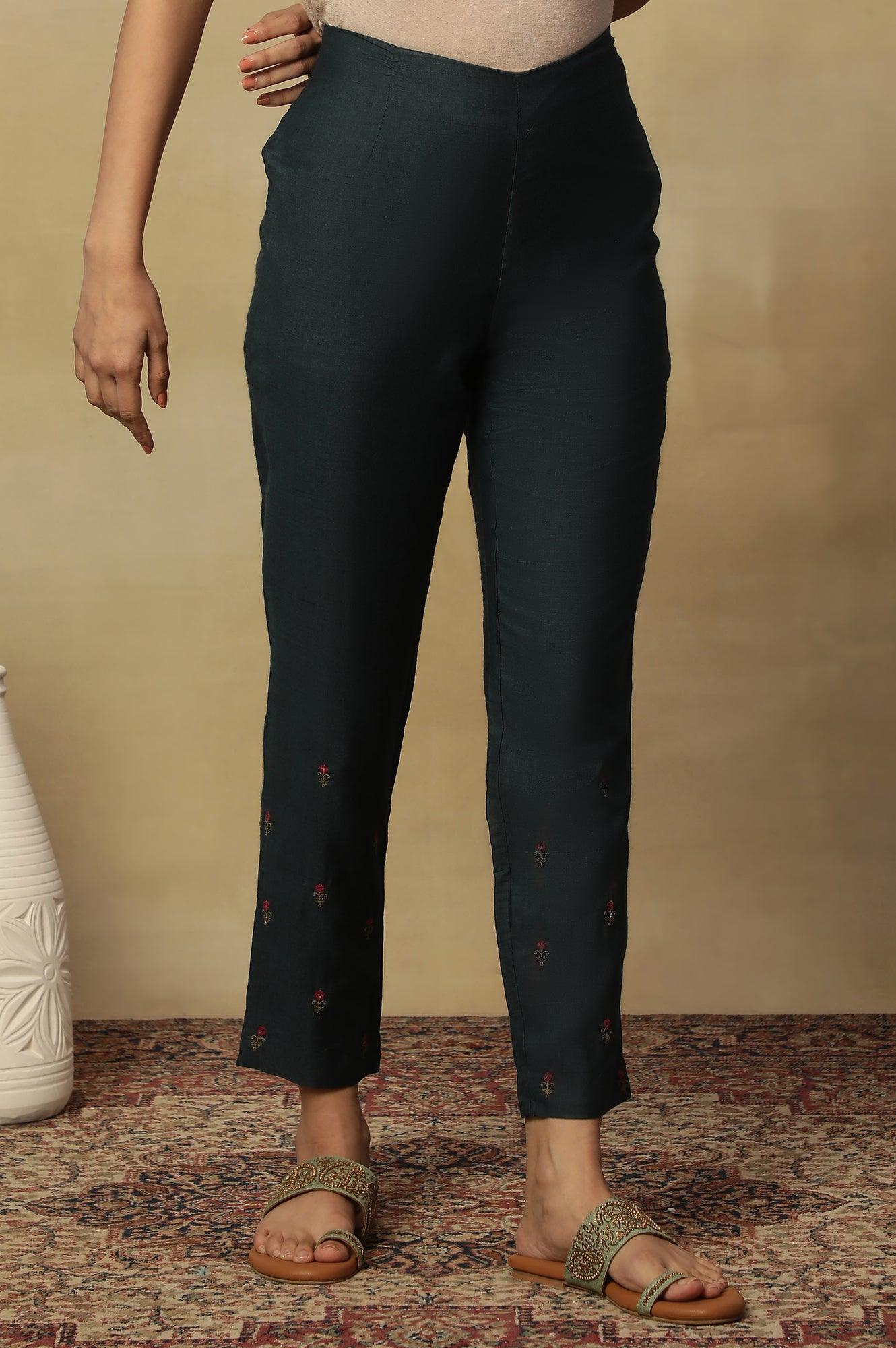 Teal Blue Embroidered Slim Pants - Image 4