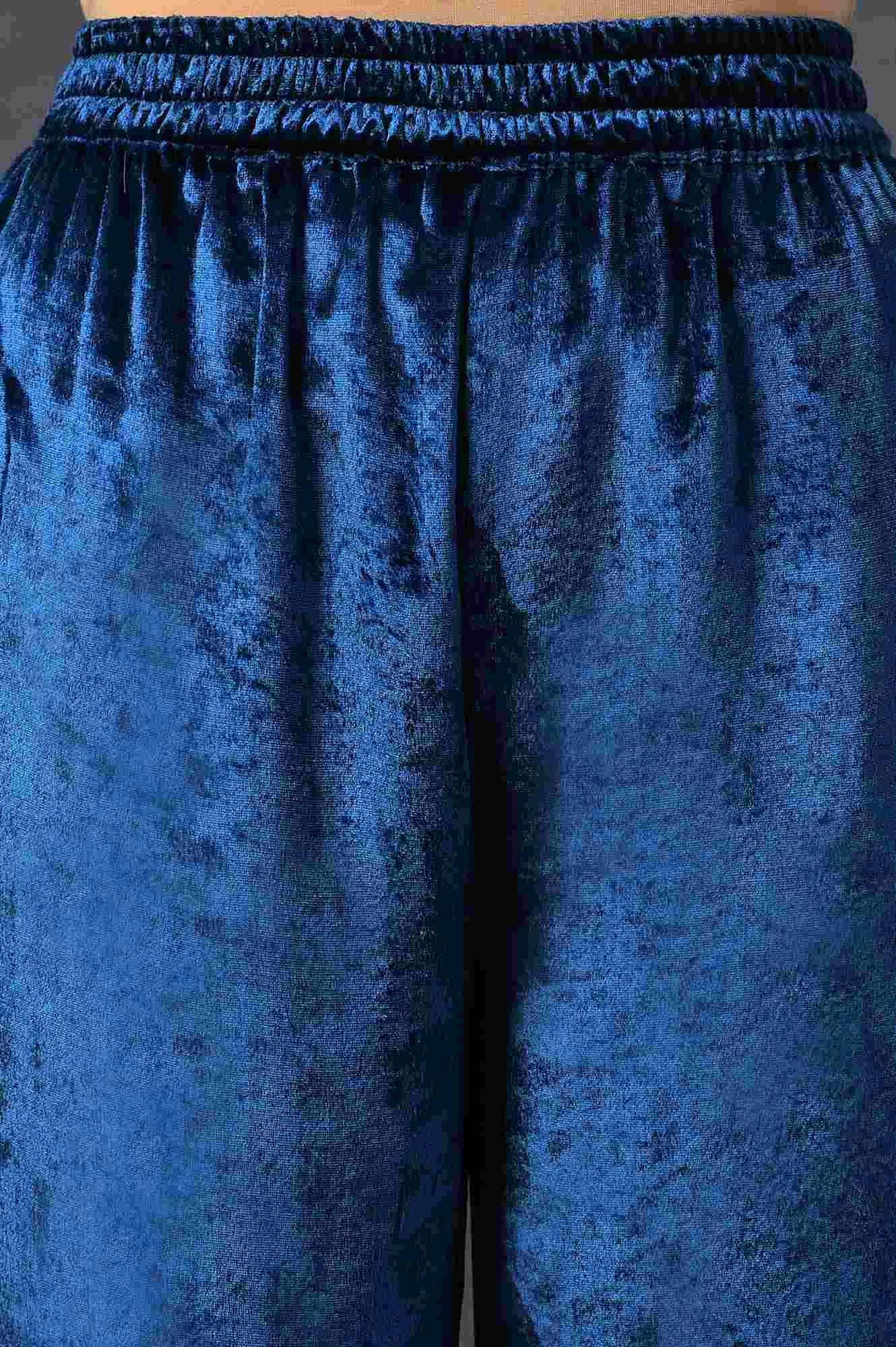Teal Blue Embroidered Velvet kurta With Straight Pants - Image 6