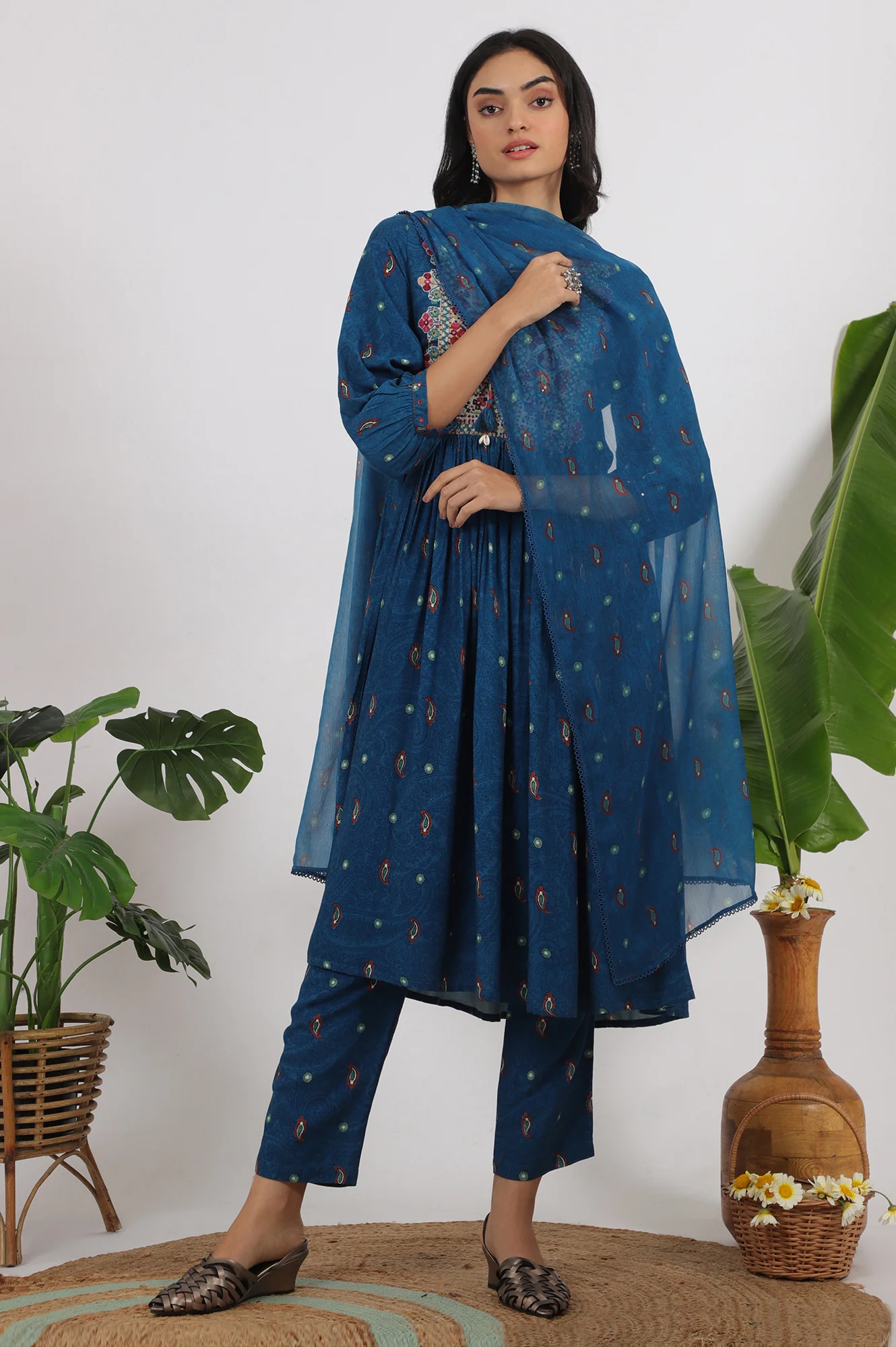 Teal Blue Embroidered Yoke Rayon Kurta, Straight Pants and Dupatta Set - Image 3