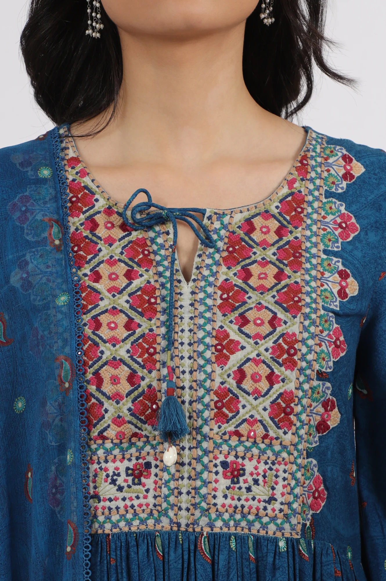 Teal Blue Embroidered Yoke Rayon Kurta, Straight Pants and Dupatta Set - Image 4