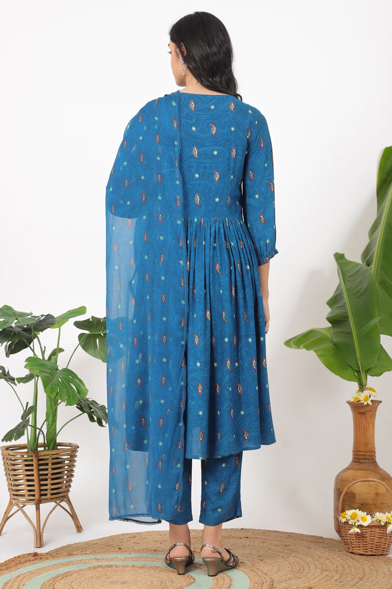 Teal Blue Embroidered Yoke Rayon Kurta, Straight Pants and Dupatta Set - Image 6