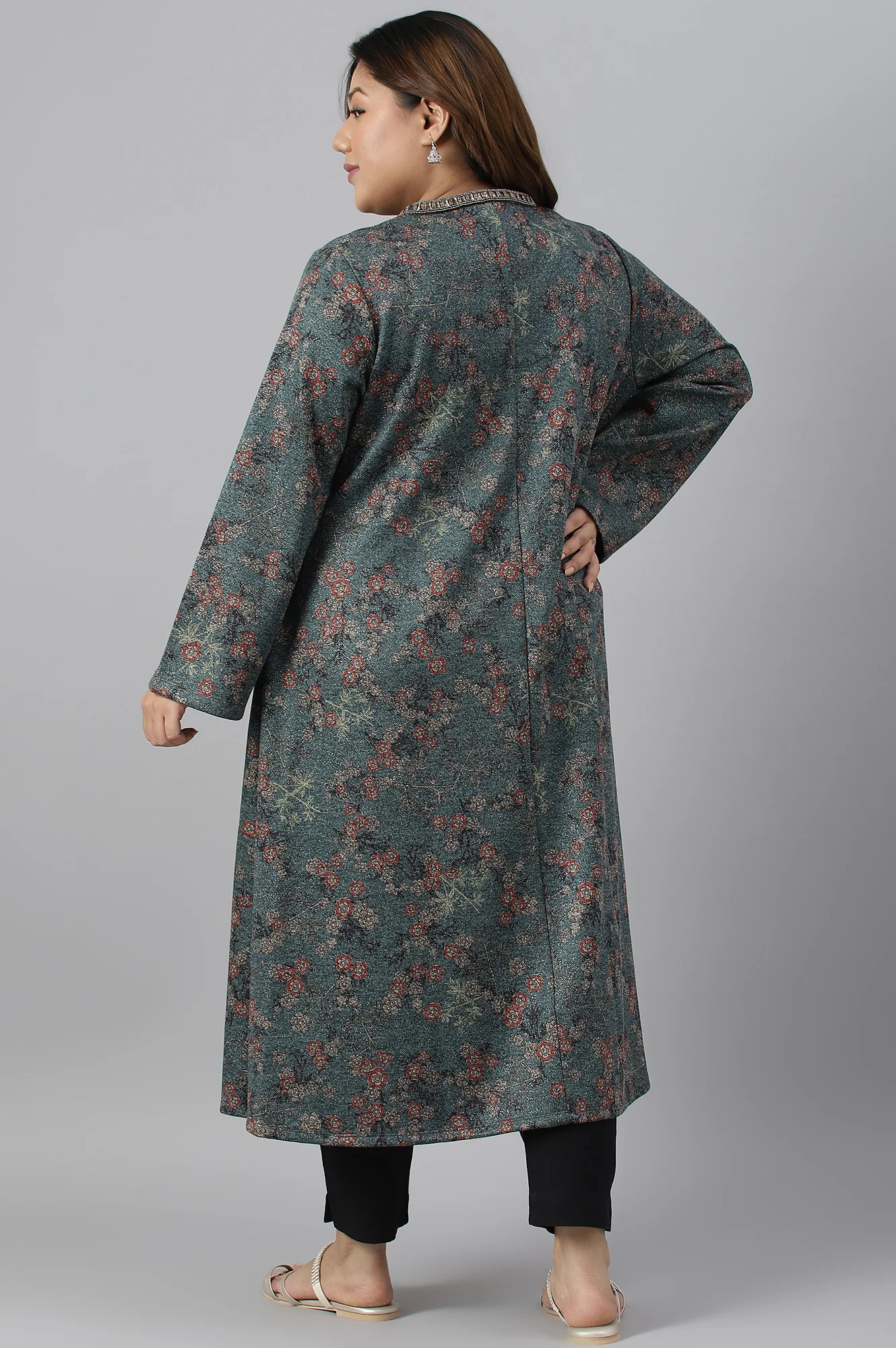Teal Blue Flared Plus Size Winter kurta - Image 2