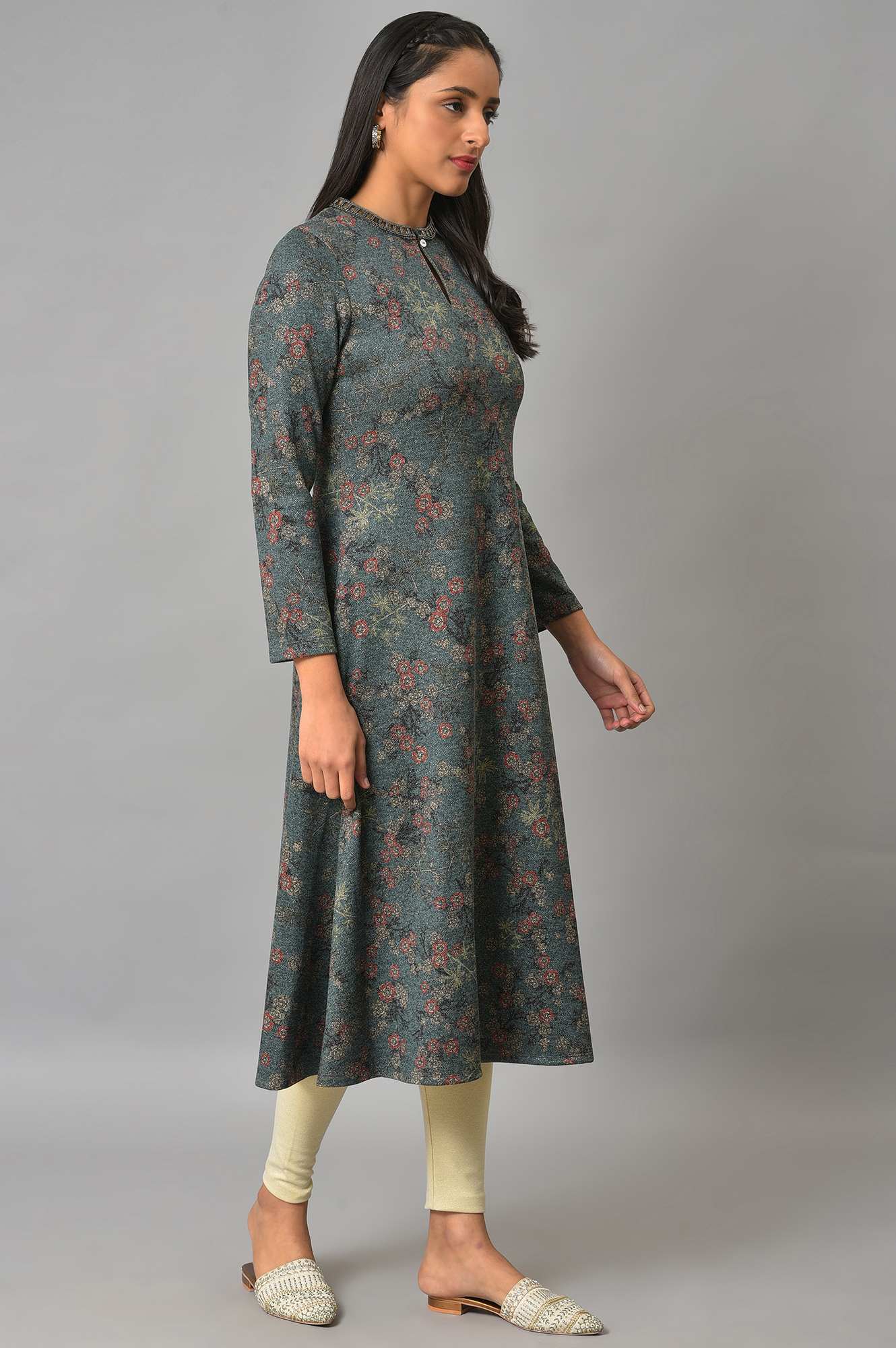 Teal Blue Flared Winter kurta - Image 4
