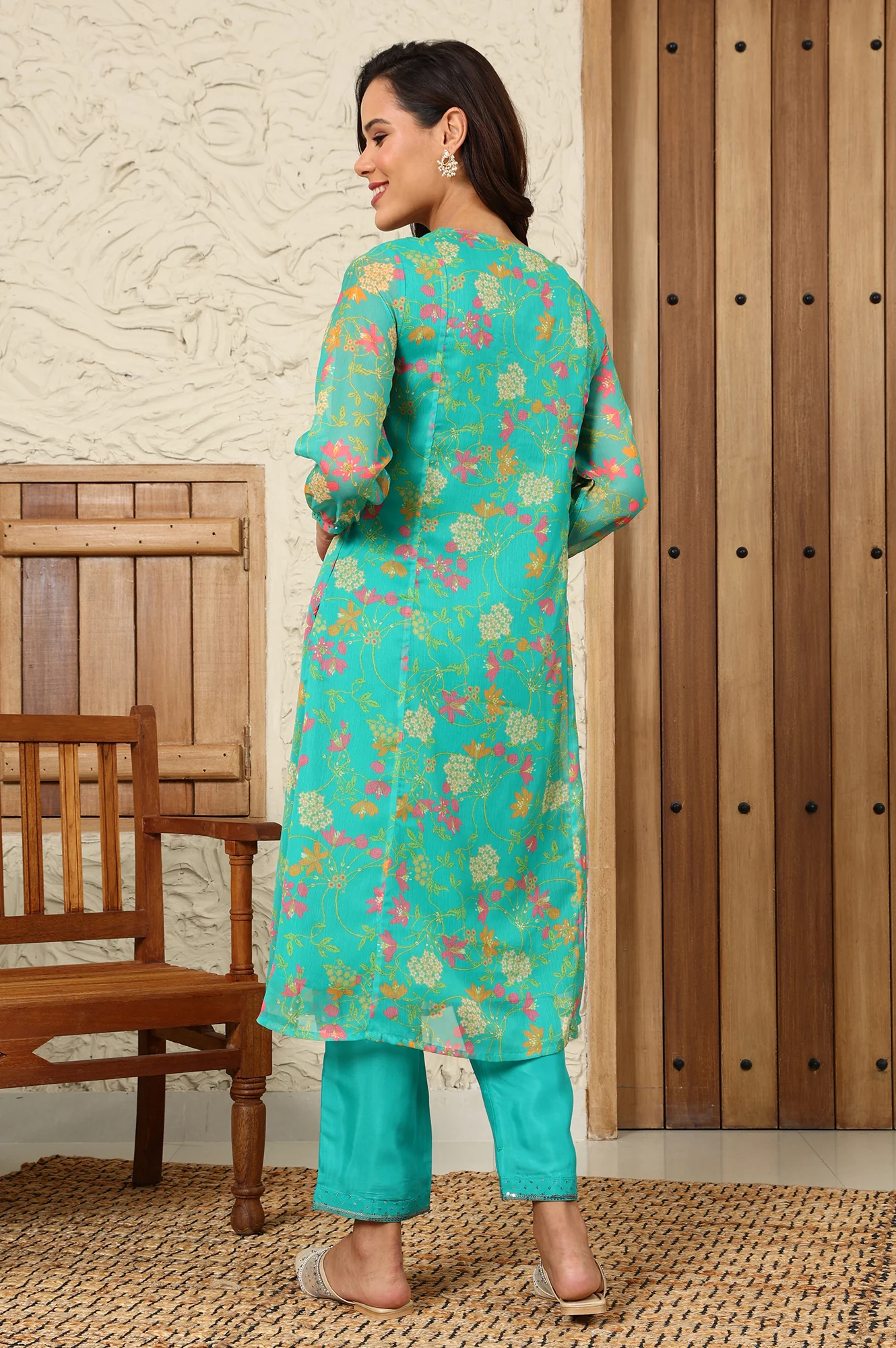 Teal Blue Floral Printed Embroidered Neckline Chiffon A-Line Kurta - Image 5