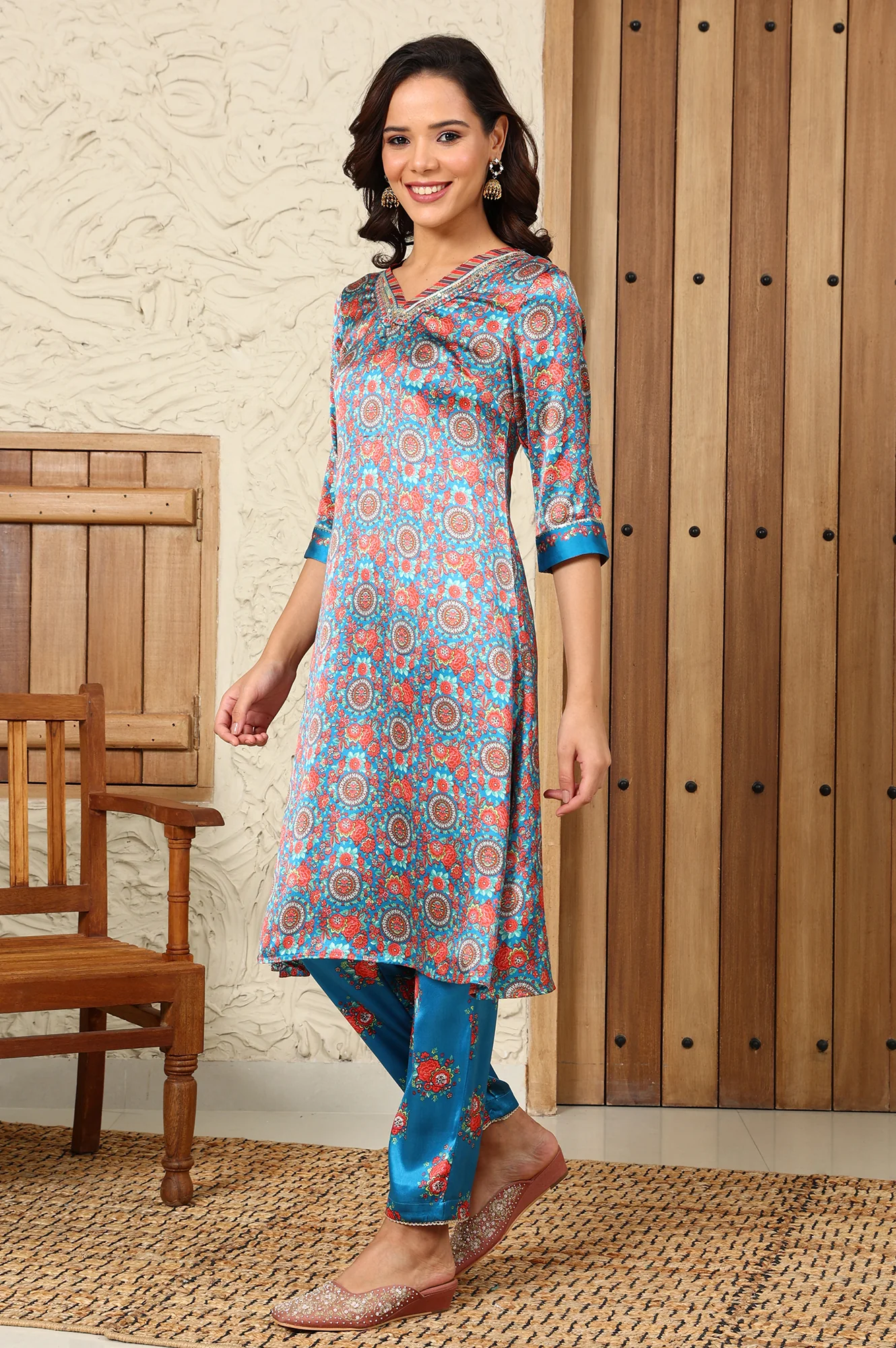 Teal Blue Floral Printed Japenese Satin Embroidered A-Line Kurta And Pants Set With Dupatta - Image 4