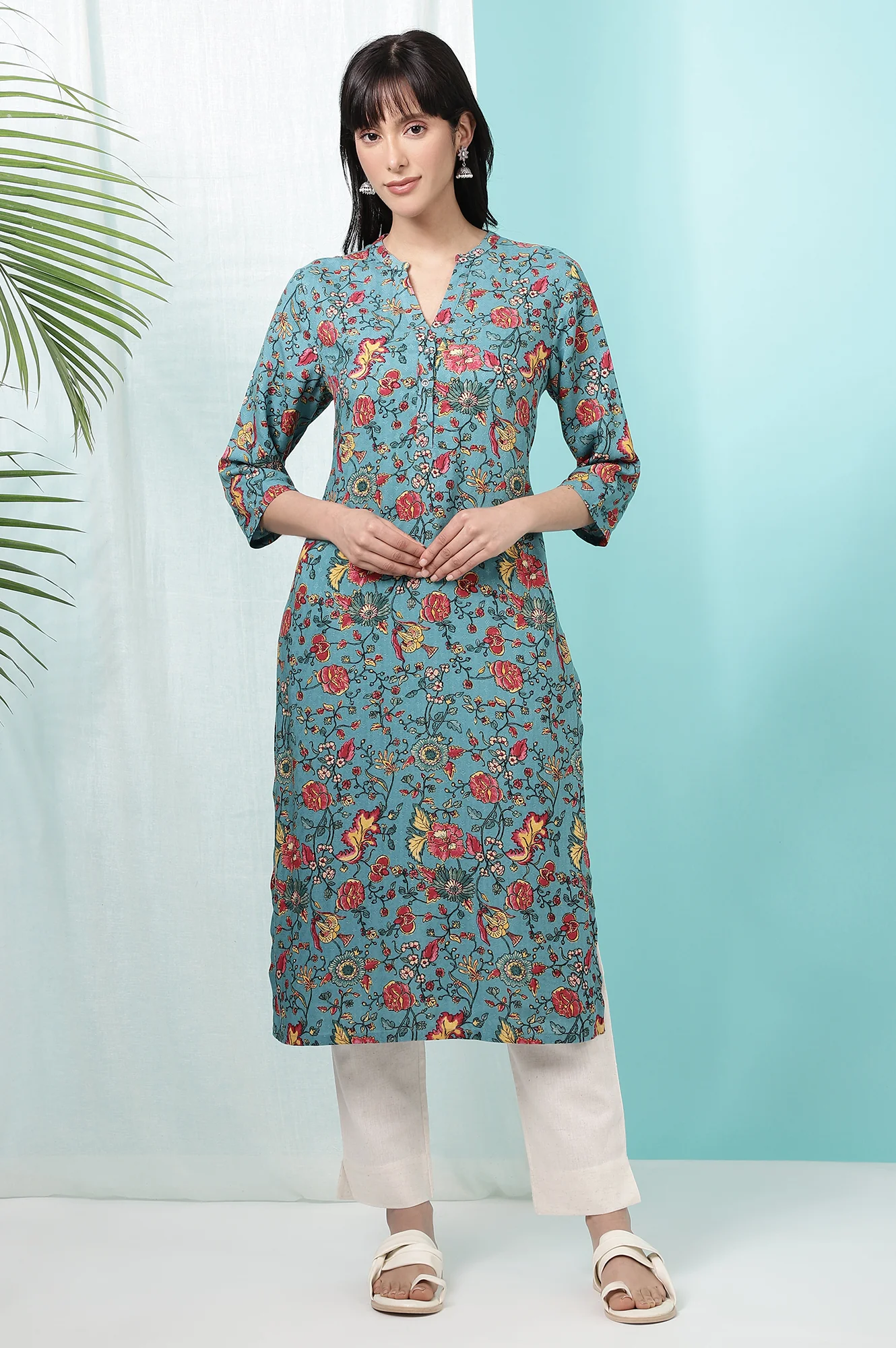 Teal Blue Floral Printed Straight Kurta - Image 3