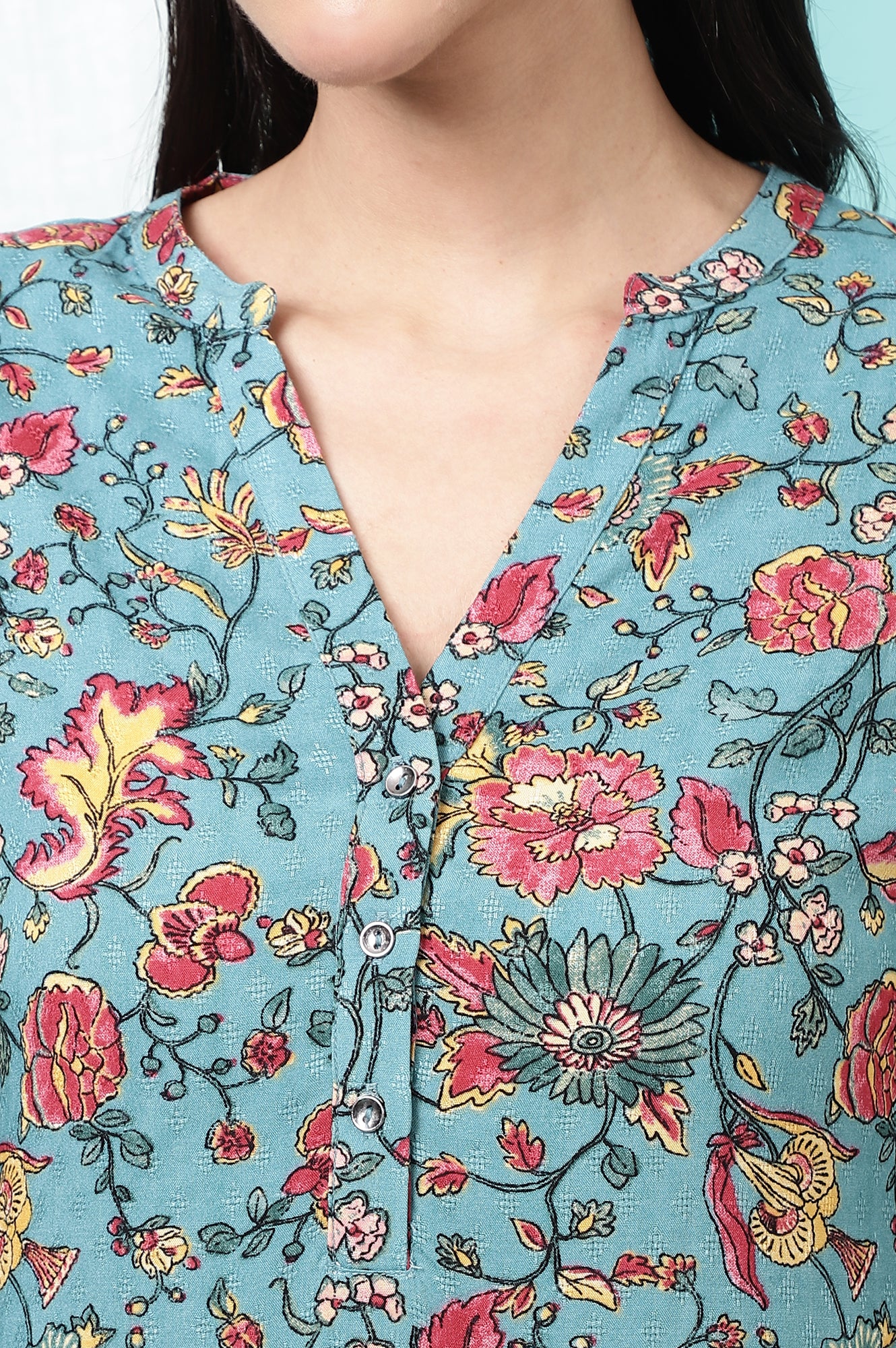 Teal Blue Floral Printed Straight Kurta - Image 4