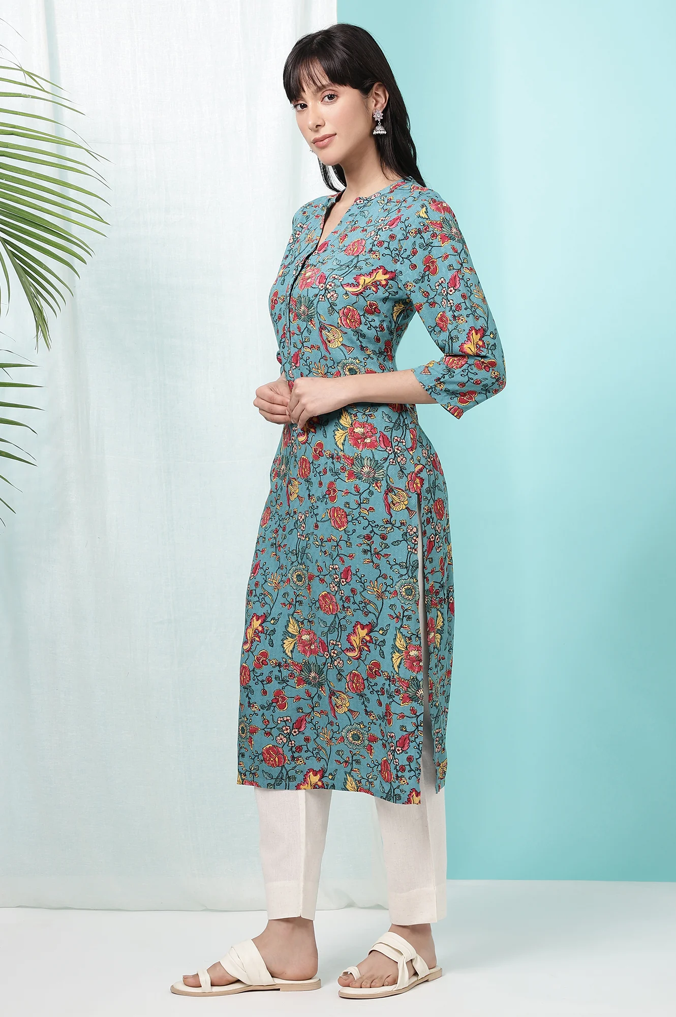 Teal Blue Floral Printed Straight Kurta - Image 5