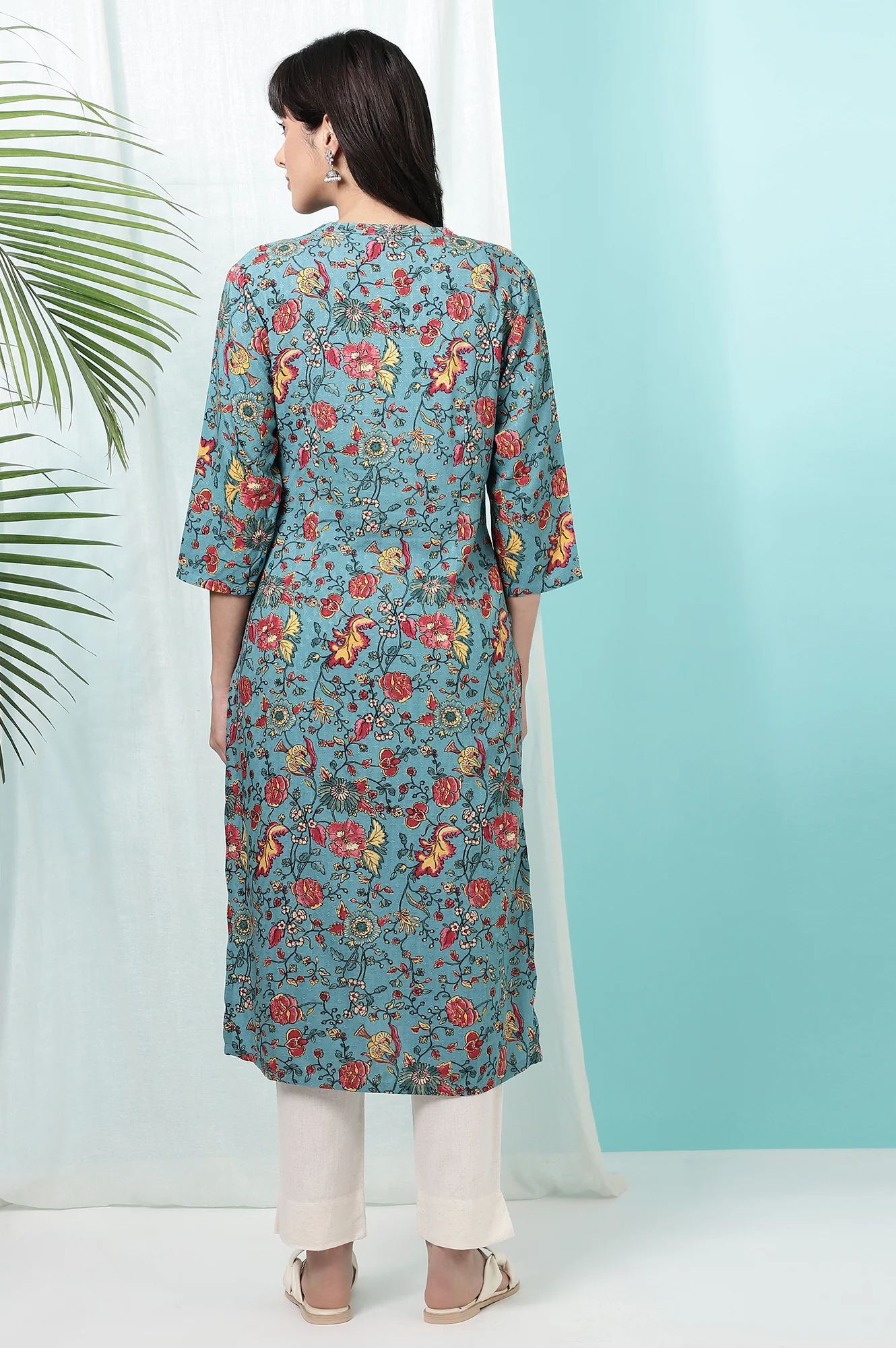 Teal Blue Floral Printed Straight Kurta - Image 6
