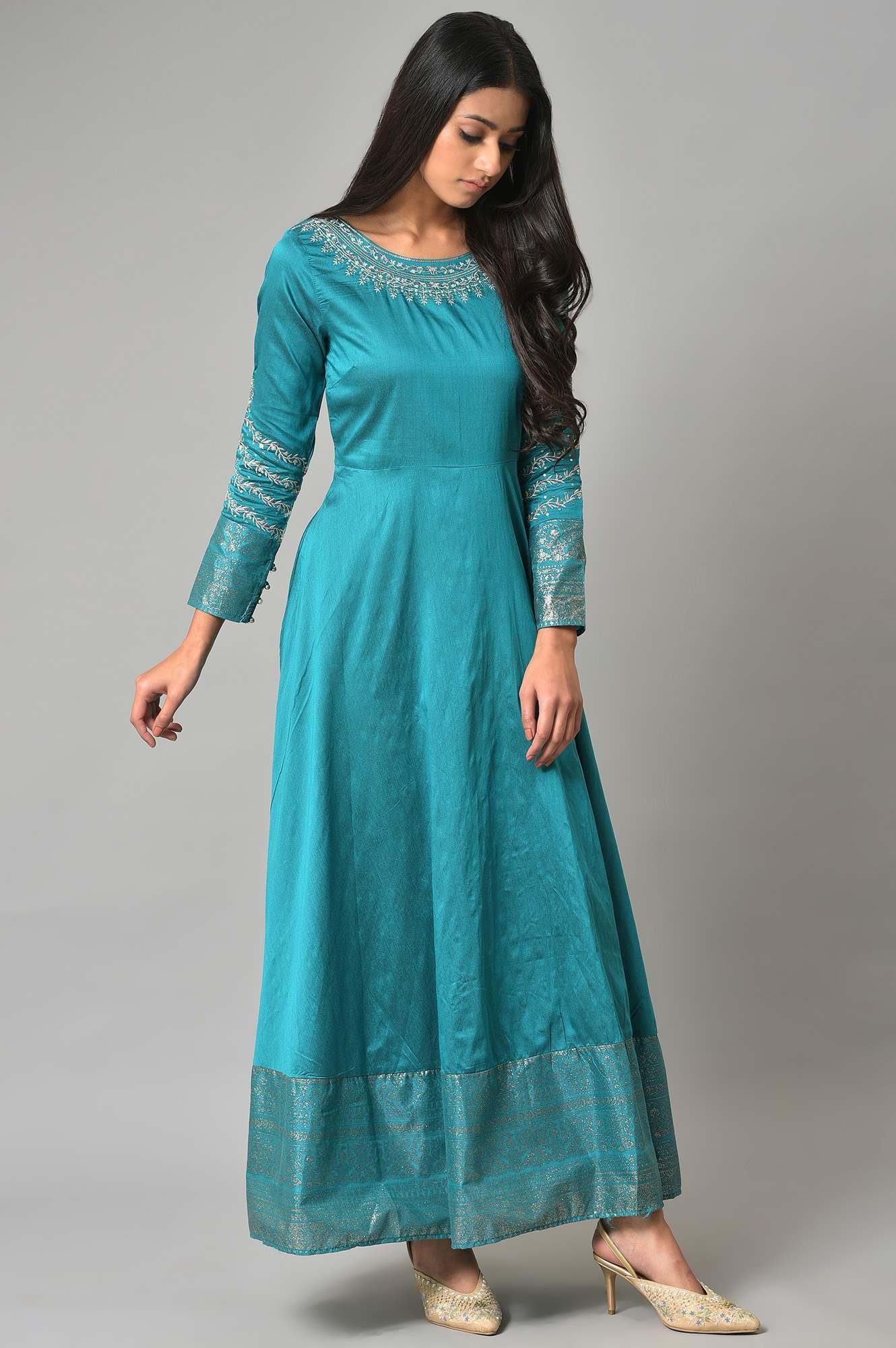Teal Blue Glitter Printed and Embroidered Flared Dress - Image 5