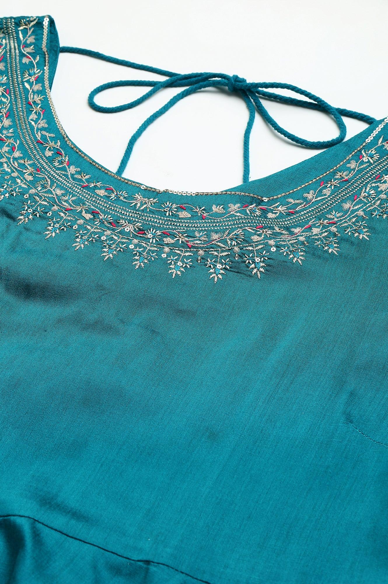 Teal Blue Glitter Printed And Embroidered Plus Size Dress - Image 7