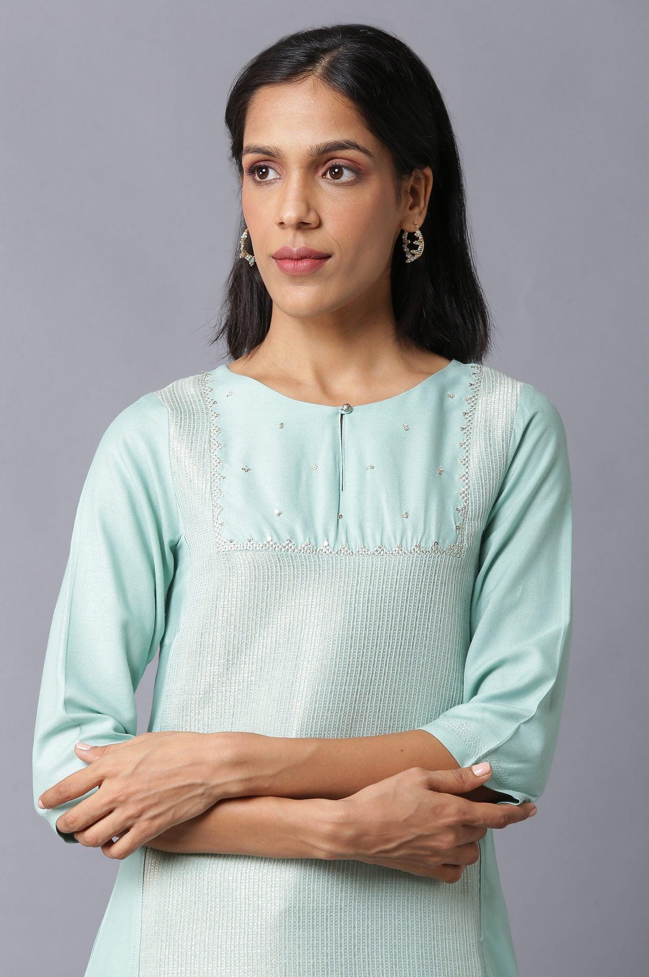 Teal Blue Jacquard kurta With Embroidered Yoke - Image 5