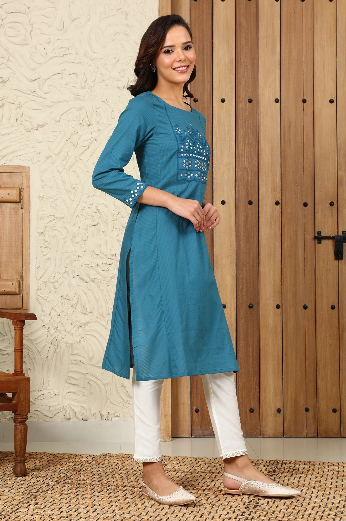 Teal Blue Mirror Work Pure Cotton Straight Kurta - Image 6