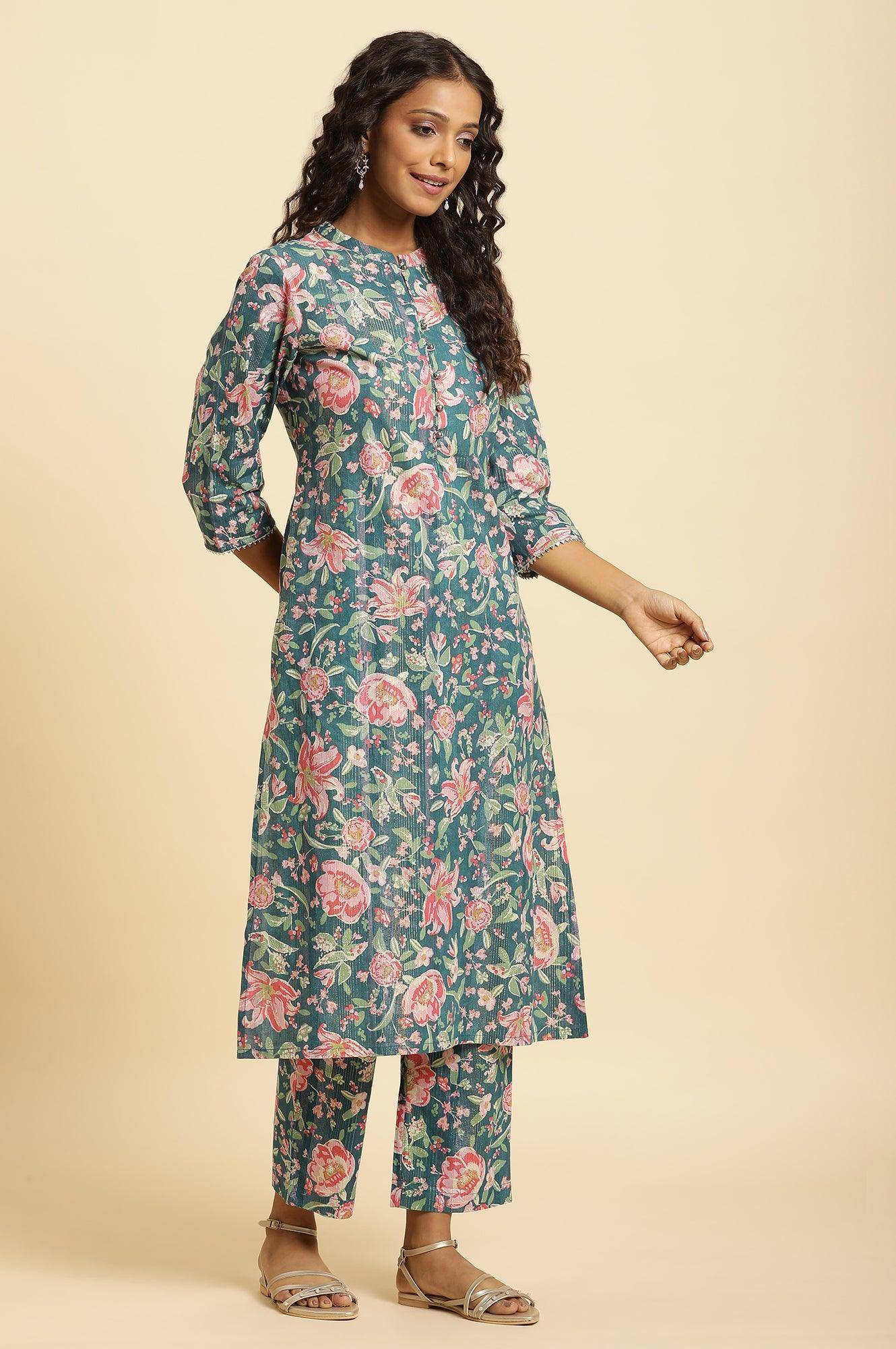 Teal Blue Printed Kurta, Bottom And Organza Dupatta Set - Image 5