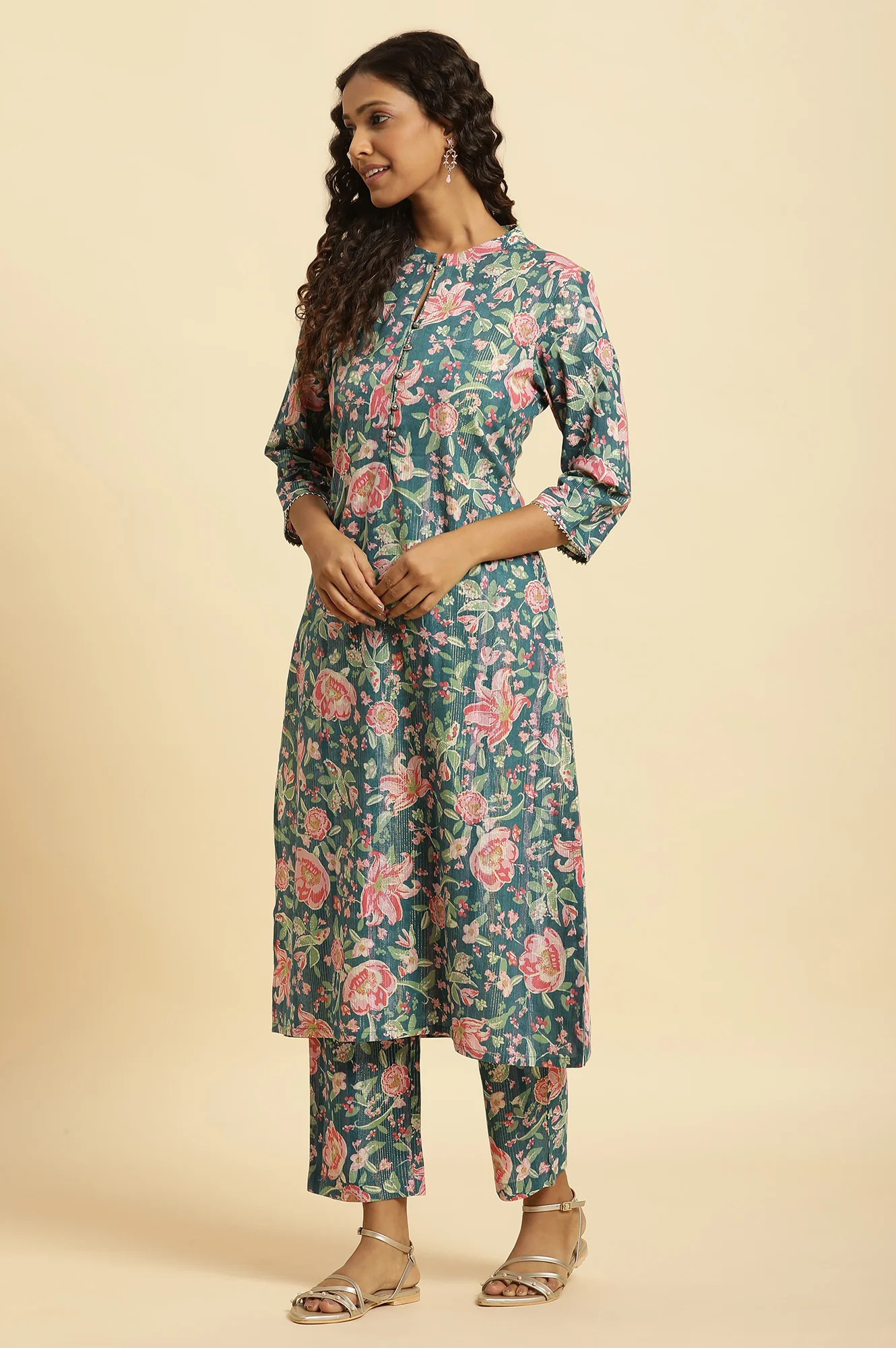 Teal Blue Printed Kurta, Bottom And Organza Dupatta Set - Image 3