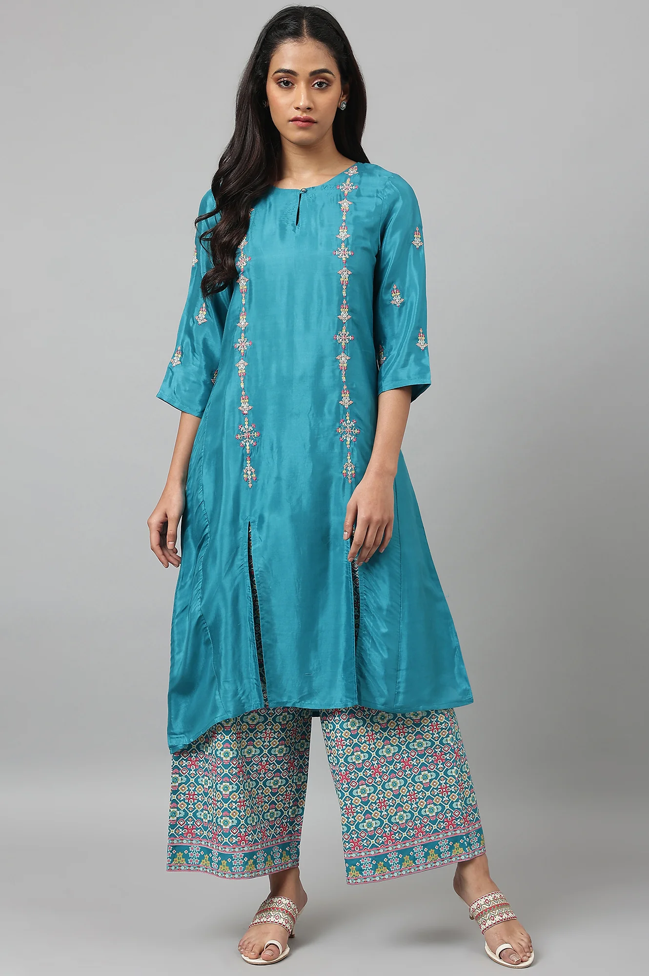 Teal Blue Rayon Printed Parallel Pants - Image 4