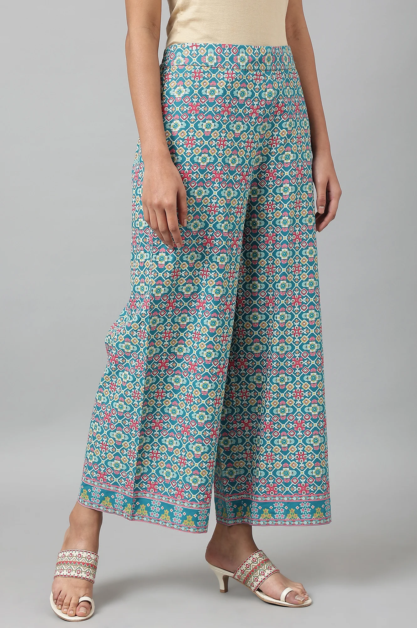 Teal Blue Rayon Printed Parallel Pants - Image 5