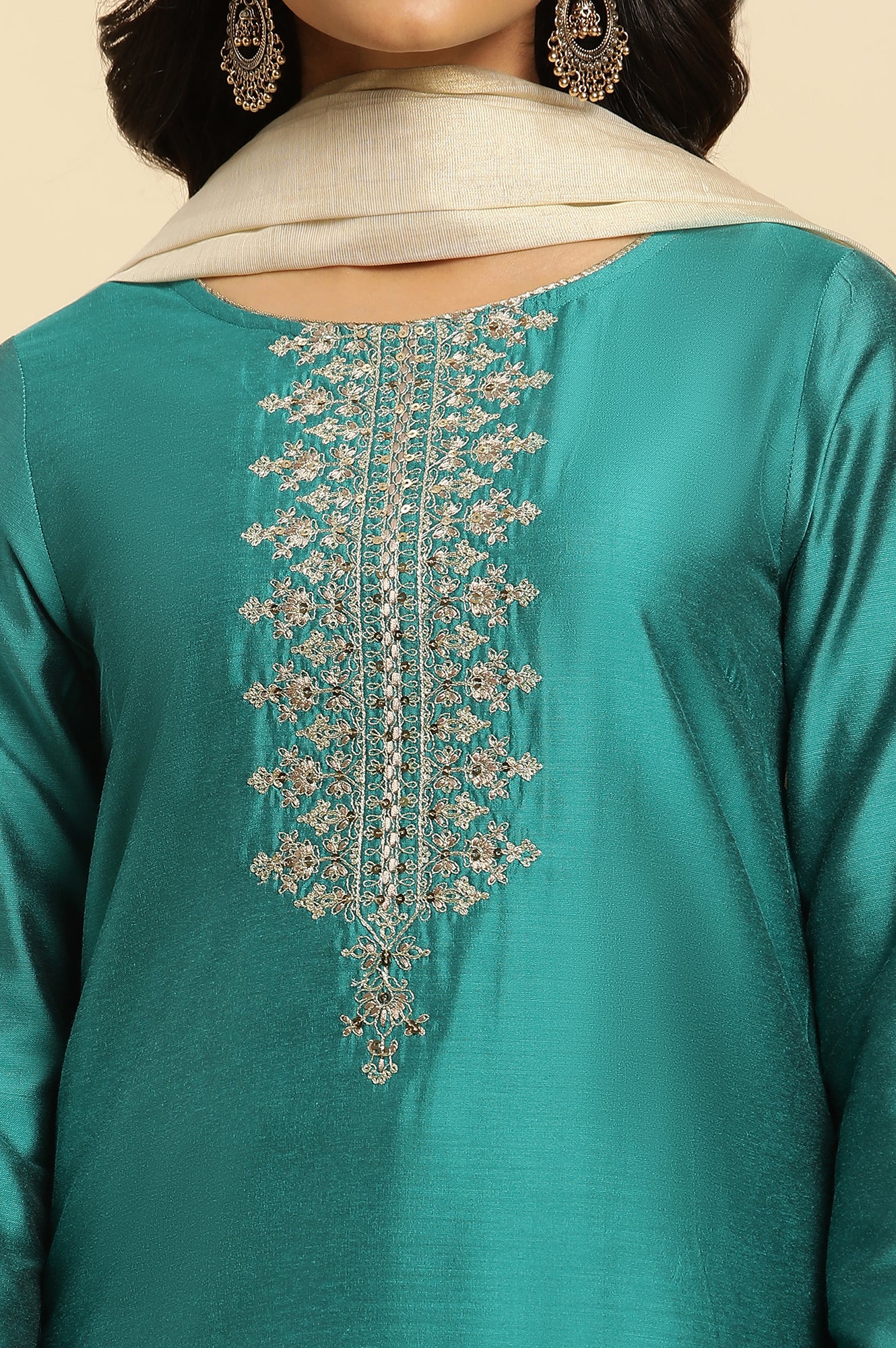 Teal Blue Zari Embroidered Straight Kurta, Pant And Dupatta Set - Image 5