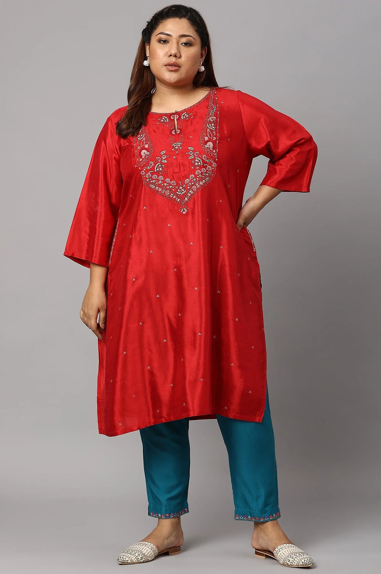 Teal Embroidered Plus Size Slim Pants - Image 6