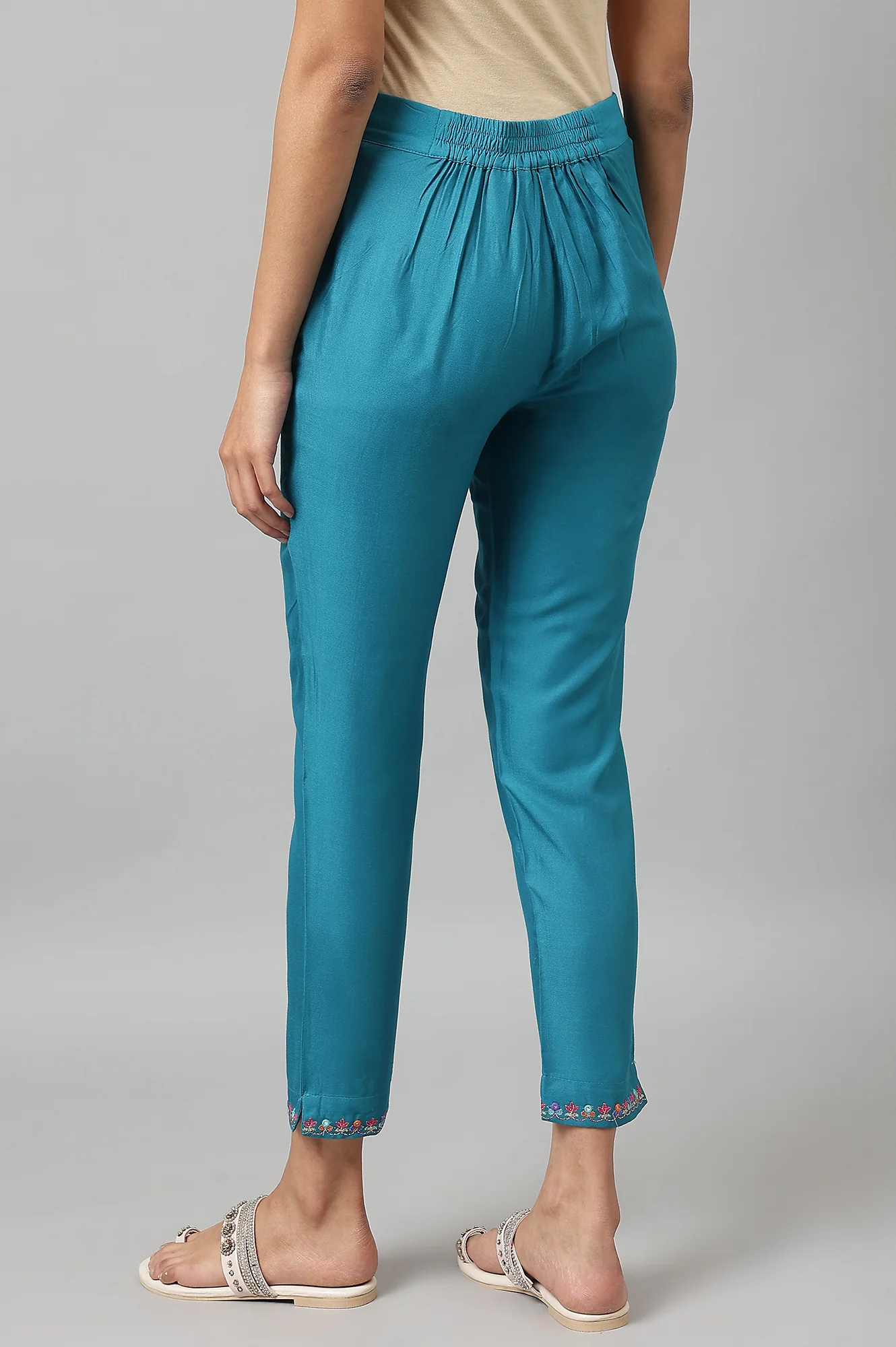 Teal Embroidered Slim Pants - Image 3