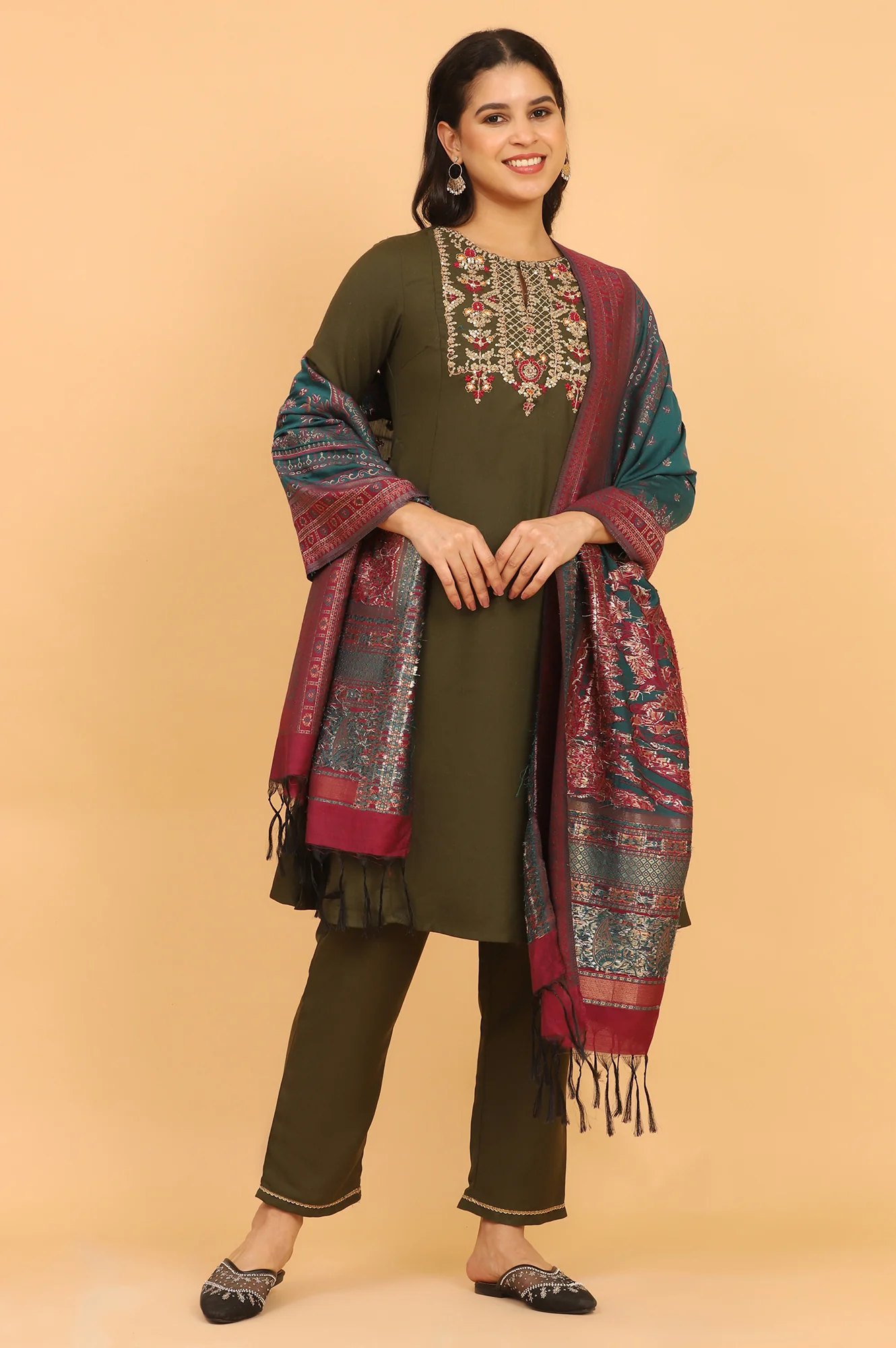 Teal Ethnic Motifs Printed Zari Dupatta - Image 2