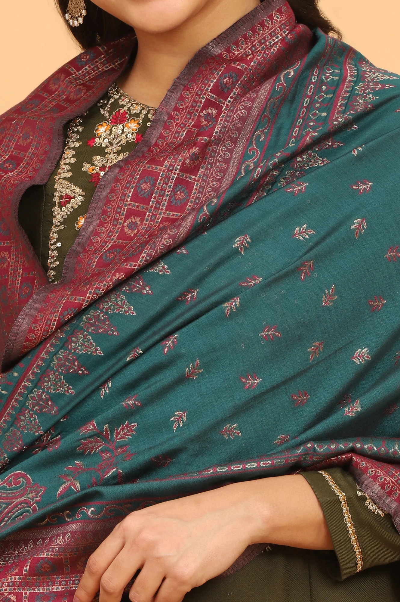 Teal Ethnic Motifs Printed Zari Dupatta - Image 3