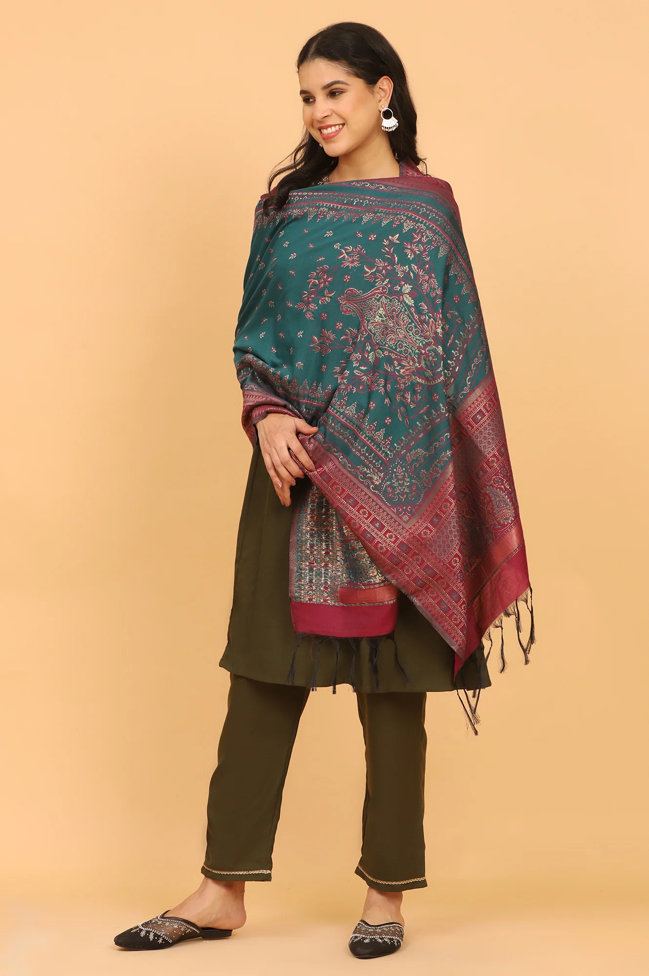 Teal Ethnic Motifs Printed Zari Dupatta - Image 4