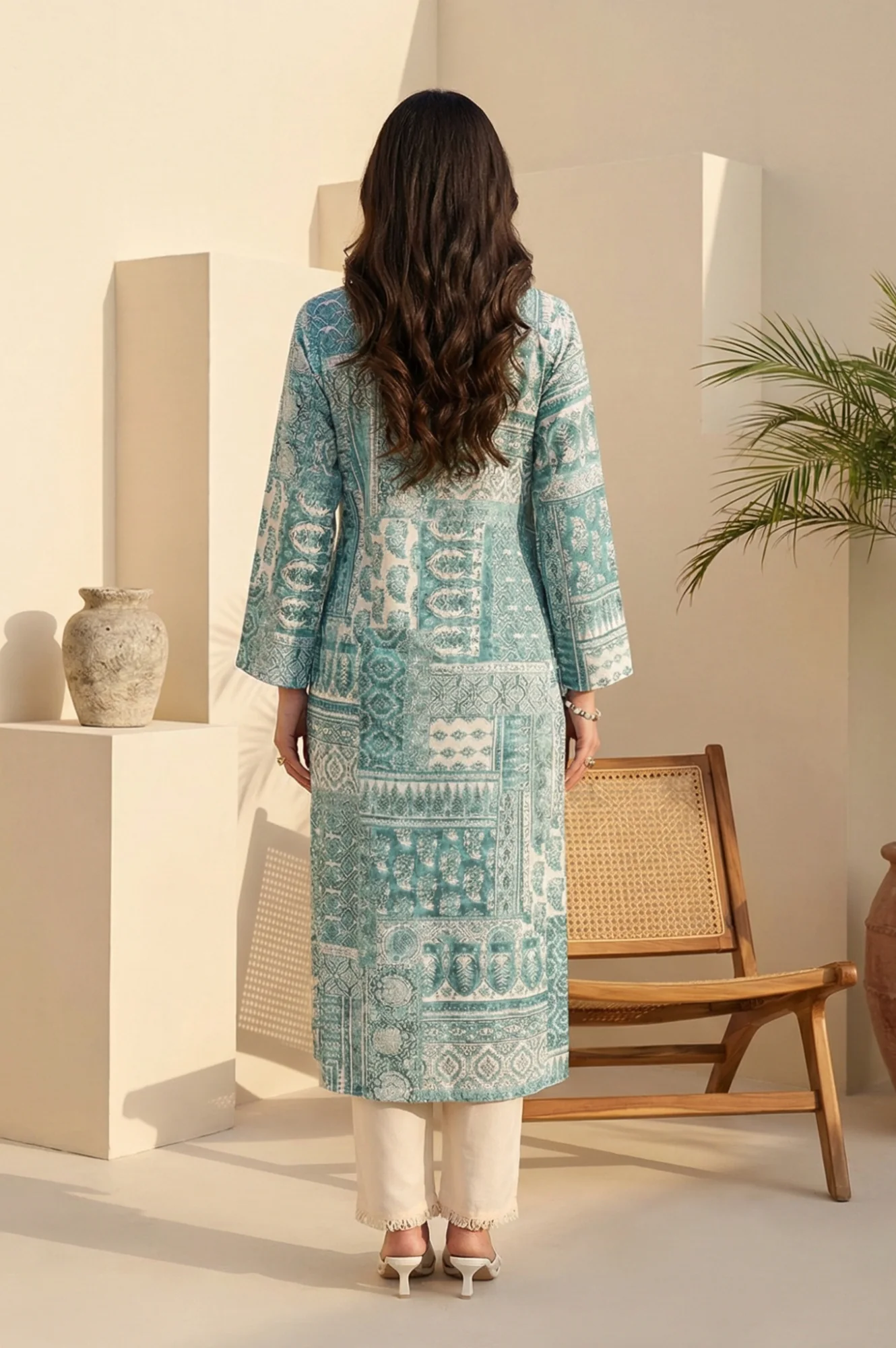 Teal Ethnic Motifs Pure Cotton Straight Kurta - Image 4