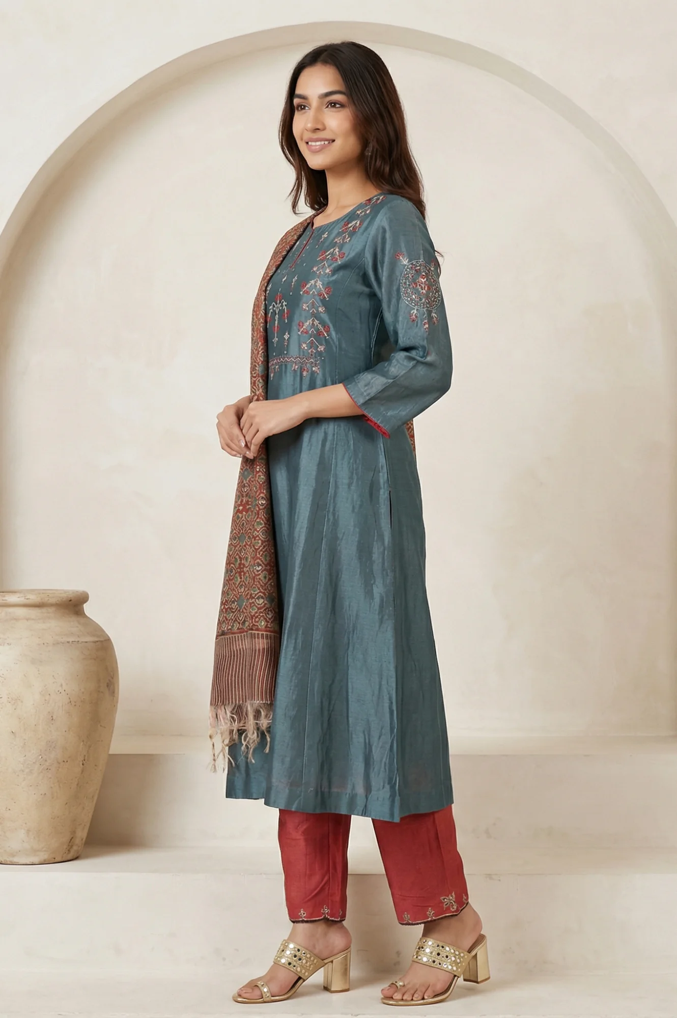Teal Embroidered Silk Blend A-line Kurta with Straight Pants and Dupatta Set - Image 3