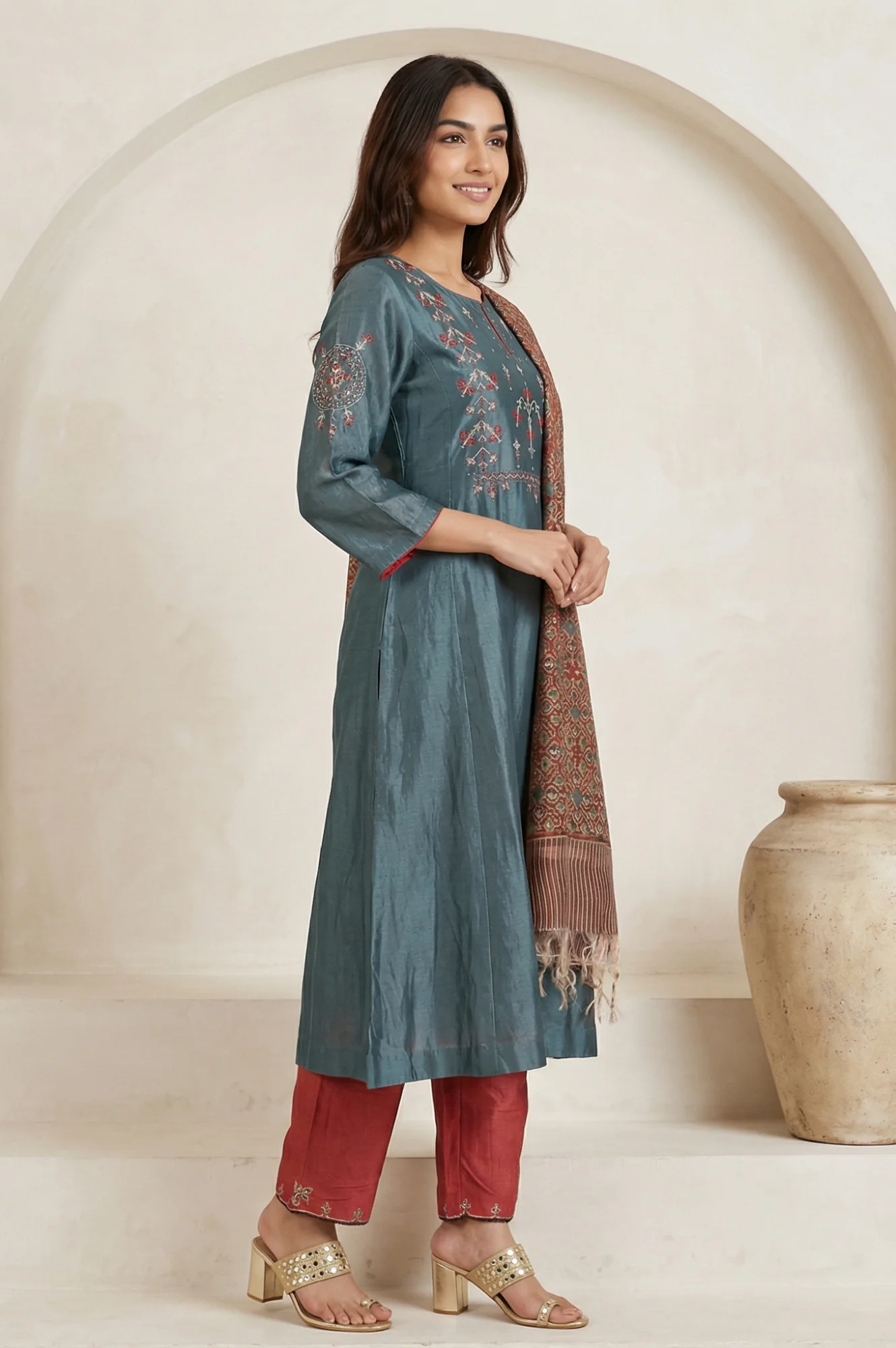 Teal Embroidered Silk Blend A-line Kurta with Straight Pants and Dupatta Set - Image 5