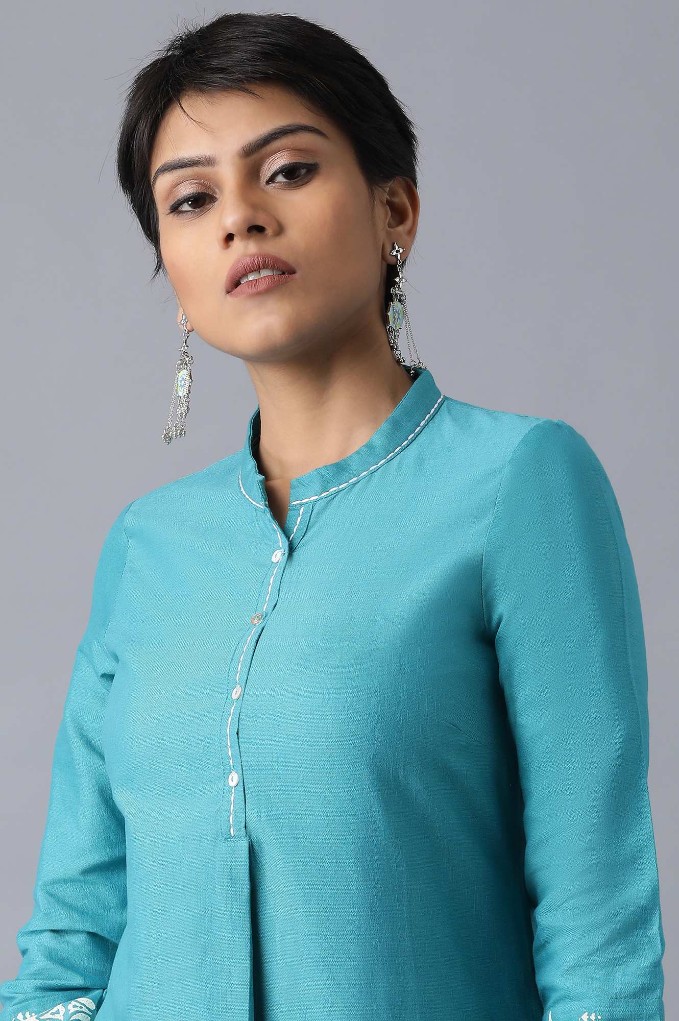 Teal Flora Print Straight kurta in Mandarin Collar - Image 6