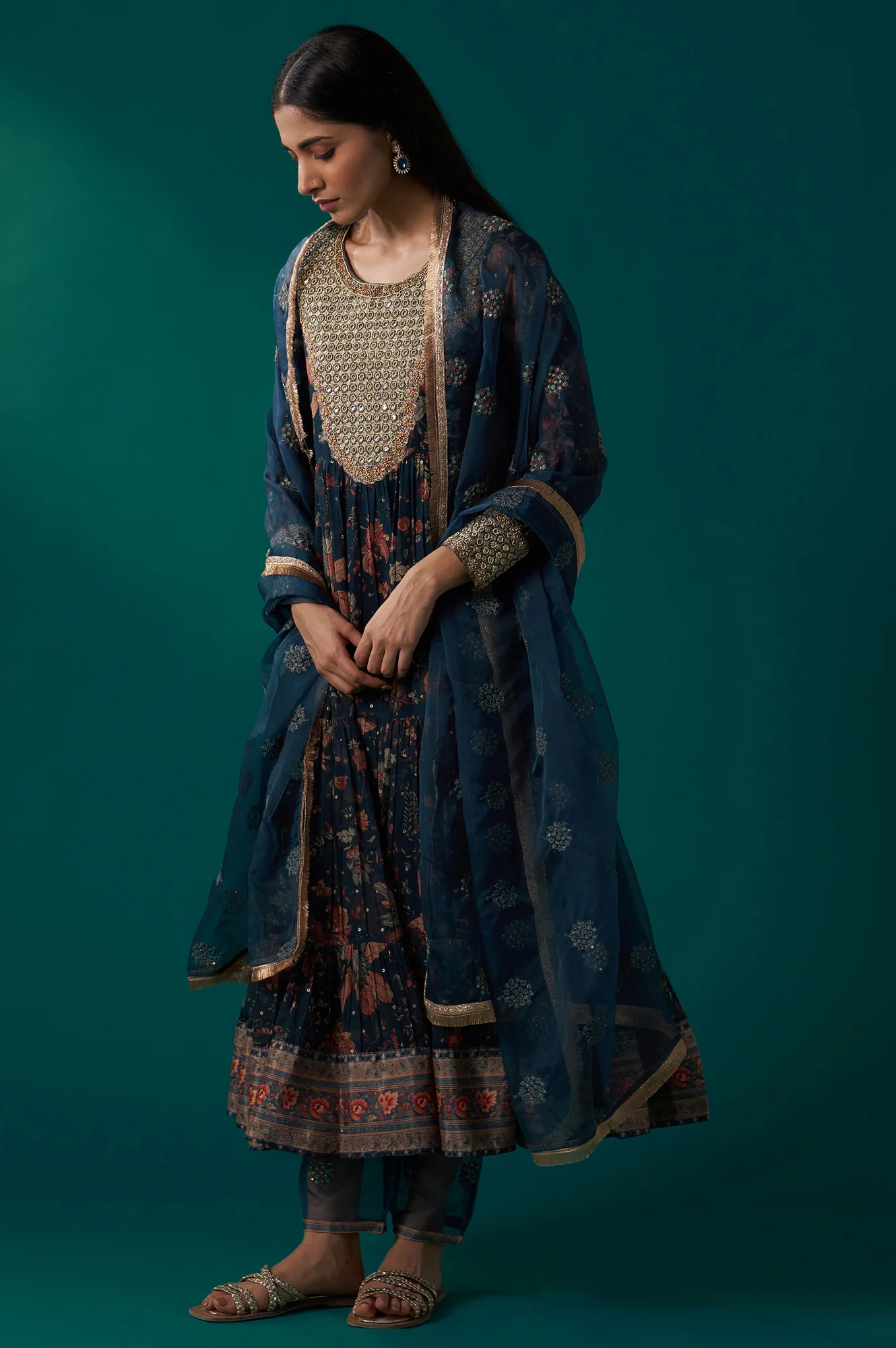 Teal Floral Printed Metallic Embroidery Anarkali Kurta with Parallel Pants and Dupatta Set - Image 3