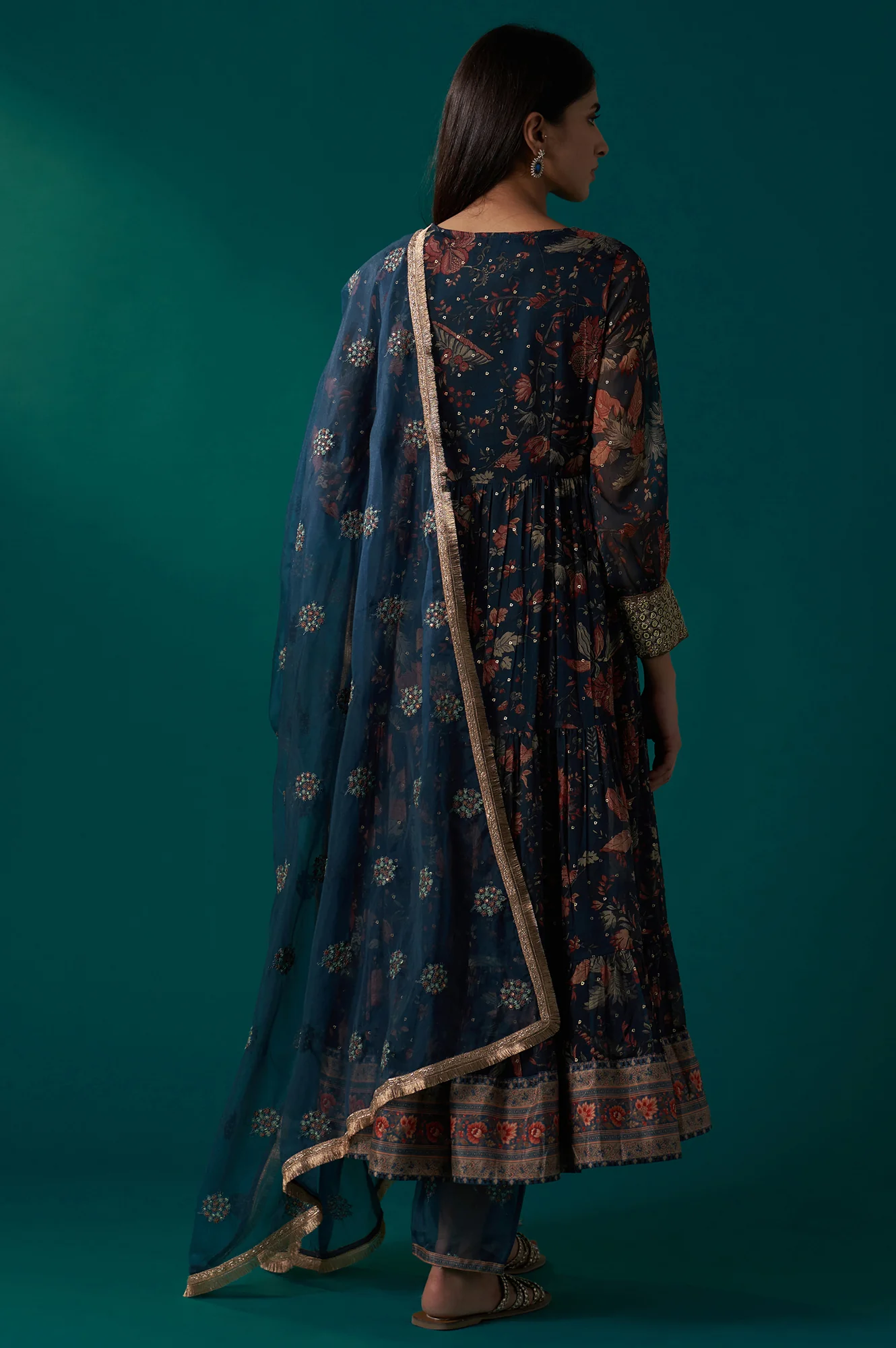 Teal Floral Printed Metallic Embroidery Anarkali Kurta with Parallel Pants and Dupatta Set - Image 4