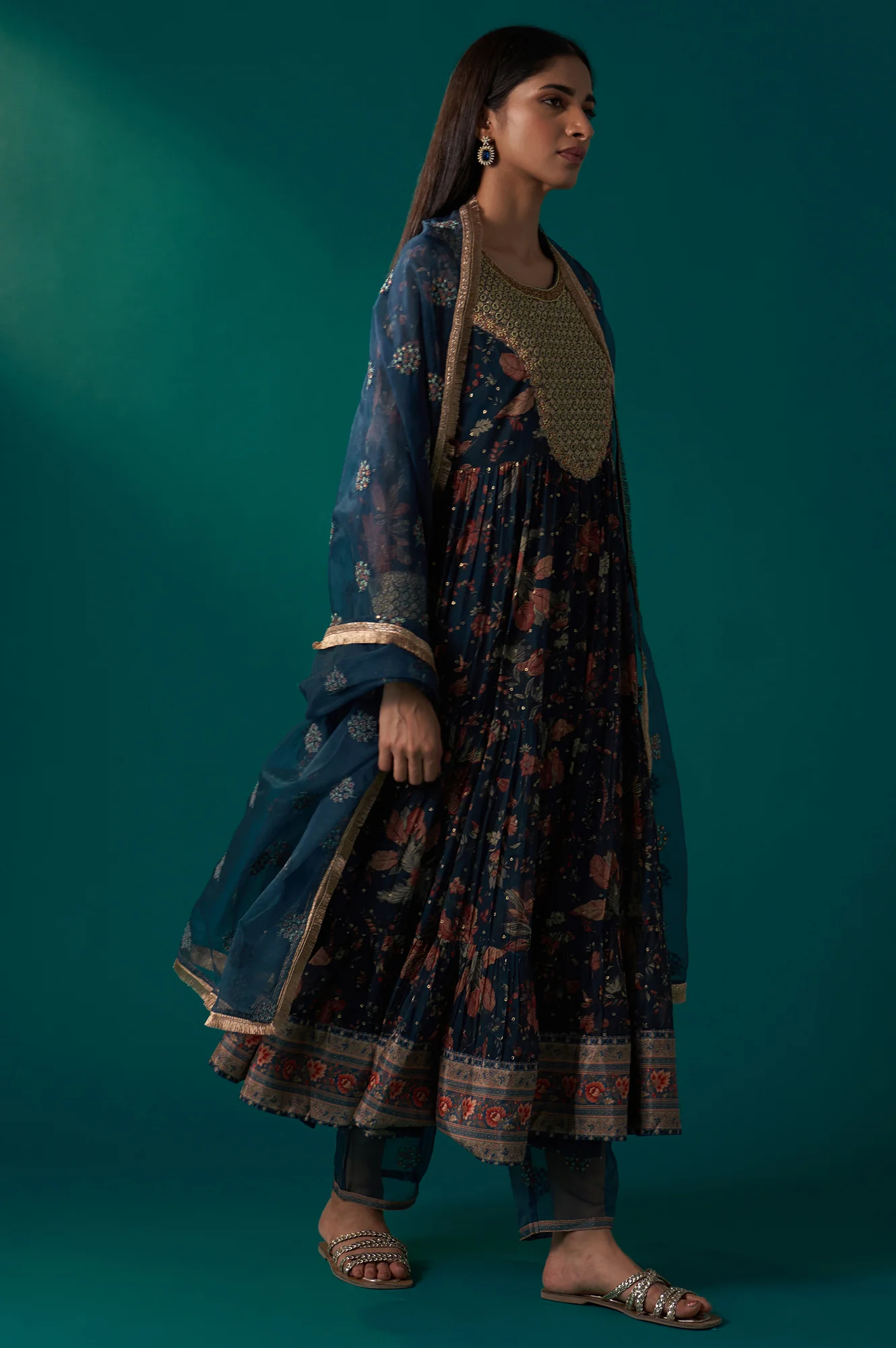 Teal Floral Printed Metallic Embroidery Anarkali Kurta with Parallel Pants and Dupatta Set - Image 5