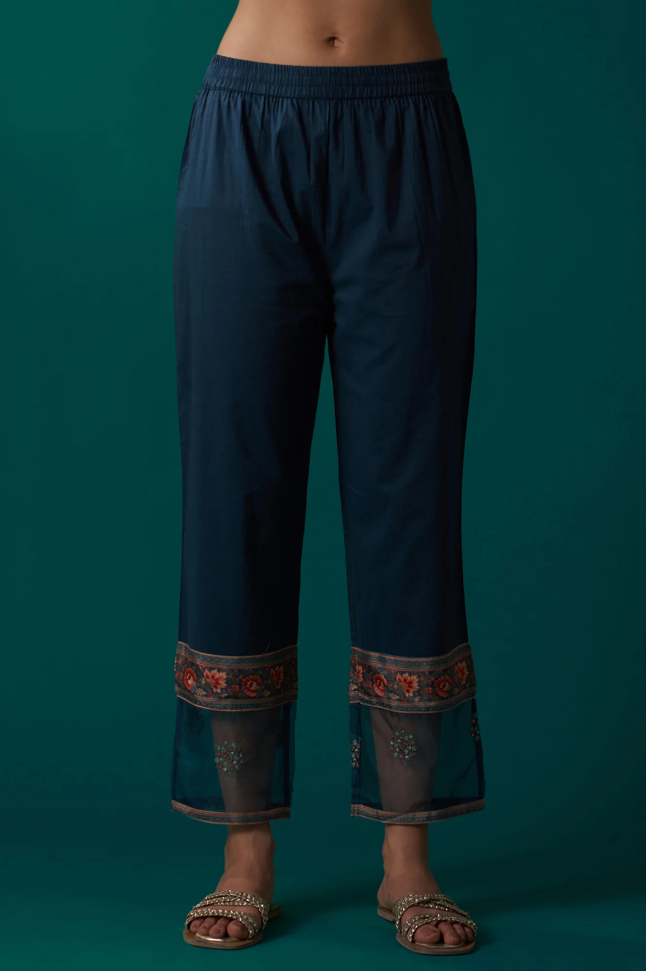 Teal Floral Printed Metallic Embroidery Anarkali Kurta with Parallel Pants and Dupatta Set - Image 6