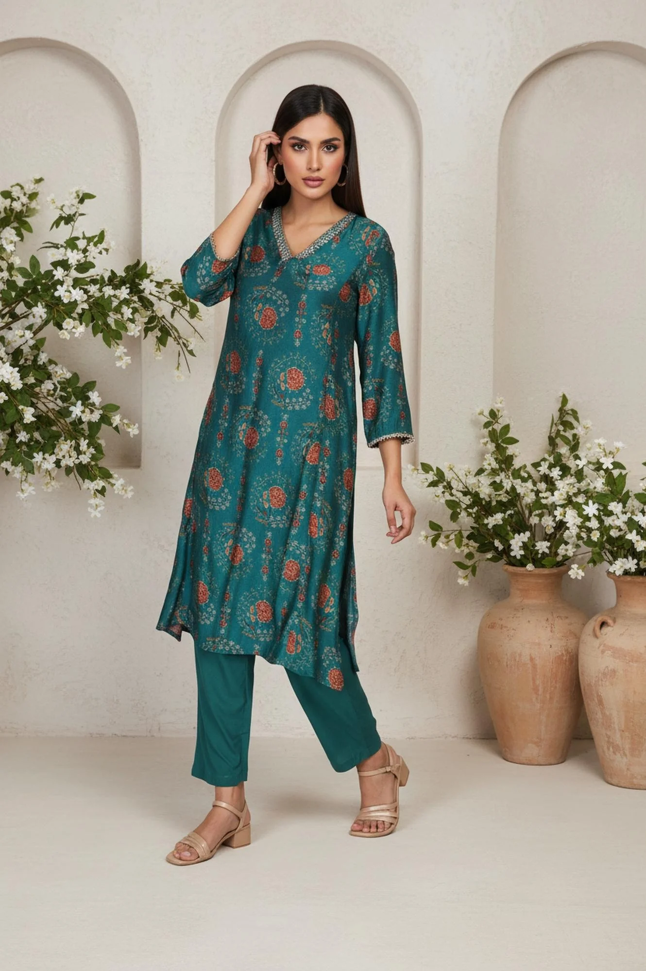 Teal Floral Printed Embellished A-Line Art Silk Kurta with Straight Pant Set - Image 4