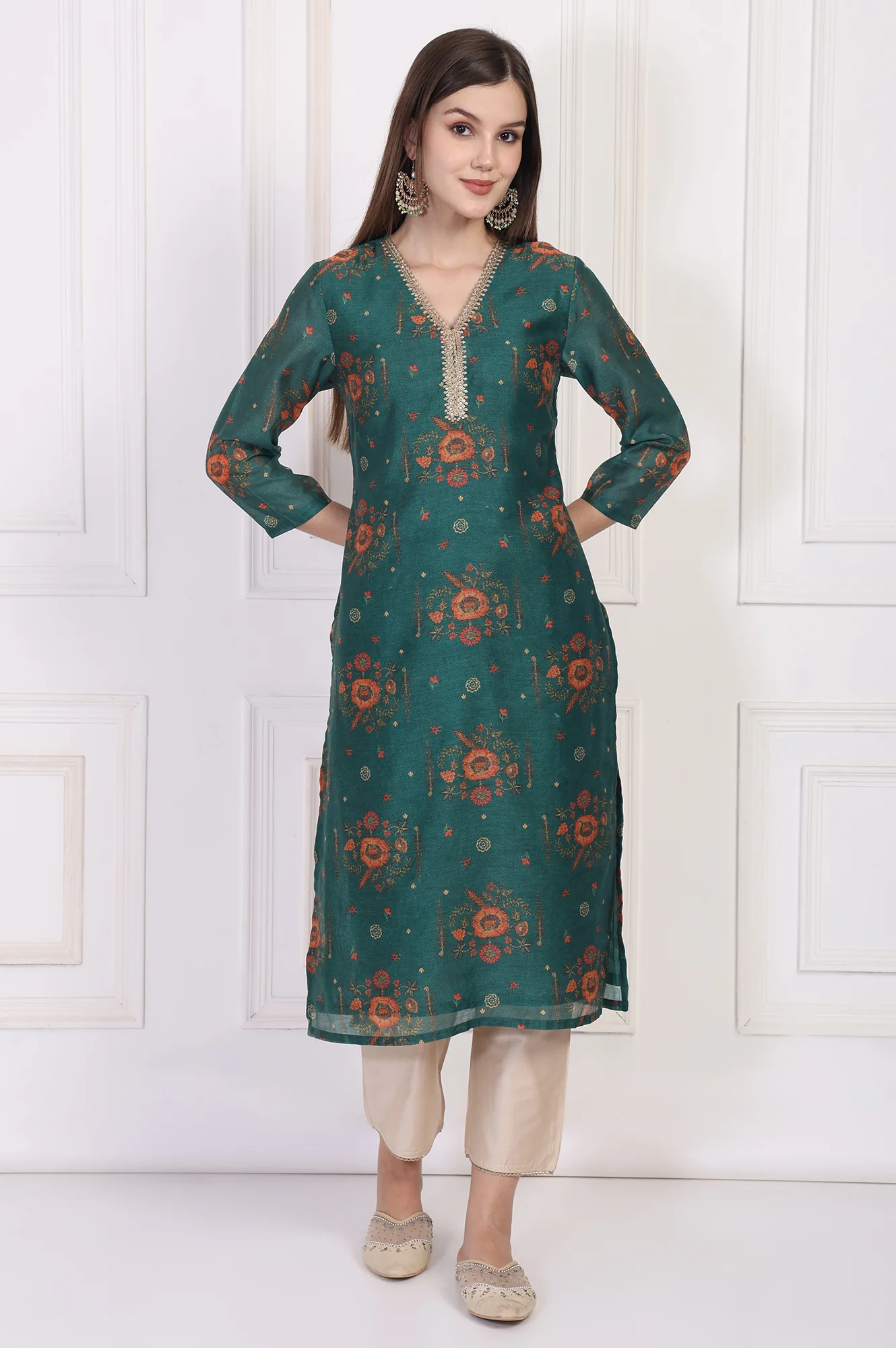 Teal Floral Printed Embellished Straight Silk Kurta - Image 2