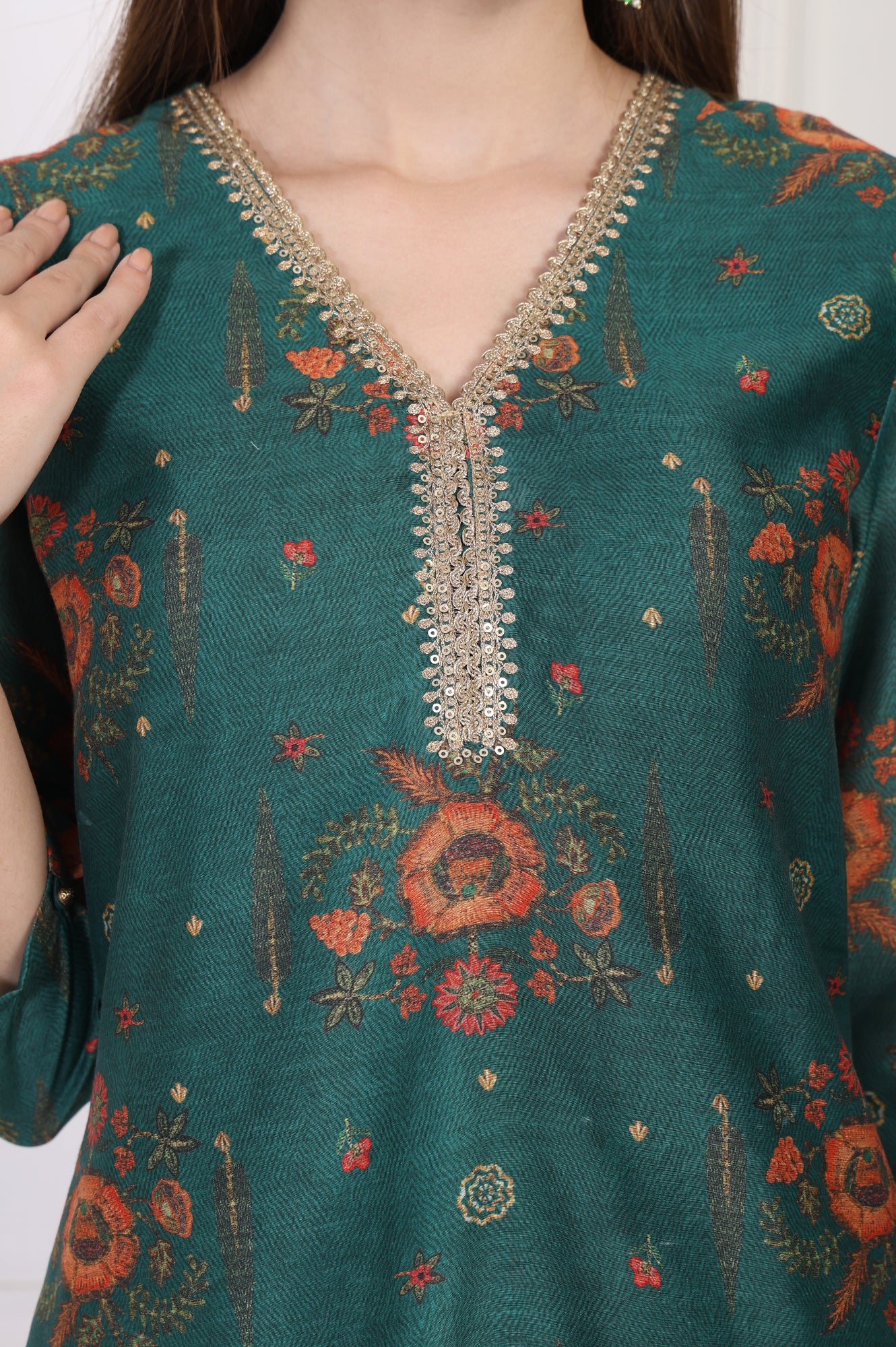 Teal Floral Printed Embellished Straight Silk Kurta - Image 3