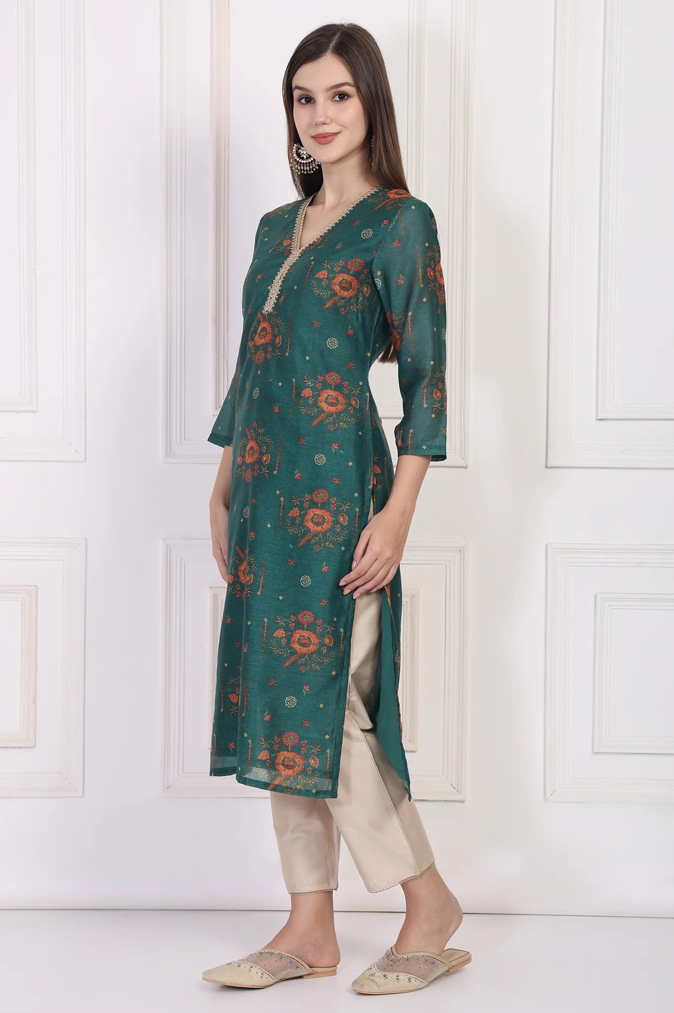 Teal Floral Printed Embellished Straight Silk Kurta - Image 4