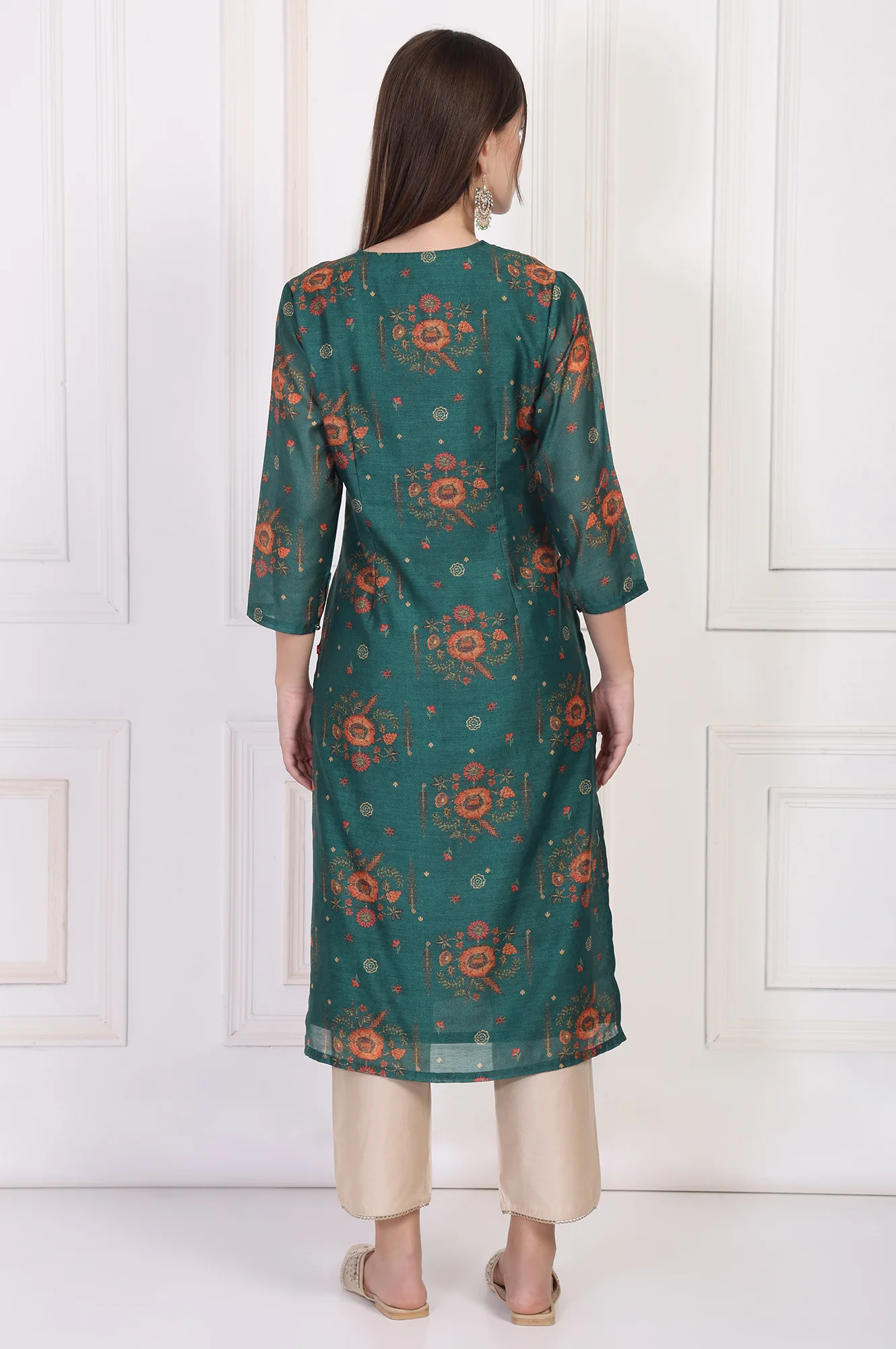 Teal Floral Printed Embellished Straight Silk Kurta - Image 5