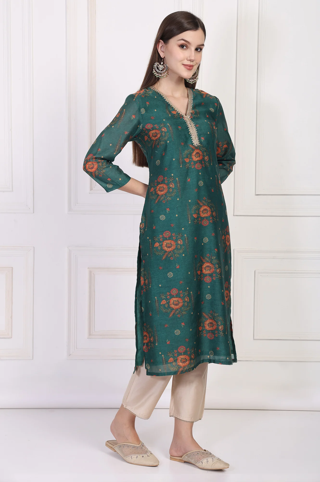 Teal Floral Printed Embellished Straight Silk Kurta - Image 6