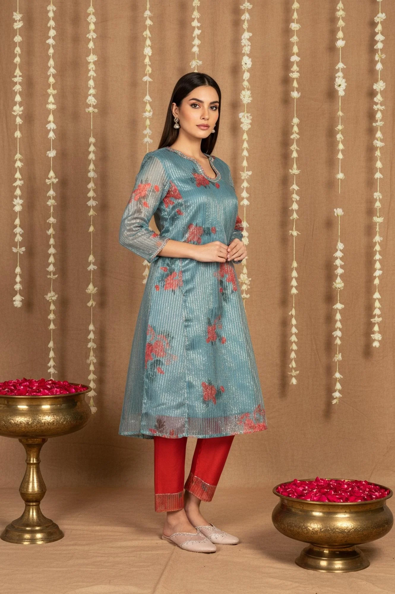 Teal Floral Printed Embroidered Neck Straight Lurex Kurta with Straight Pant and Dupatta Set - Image 6