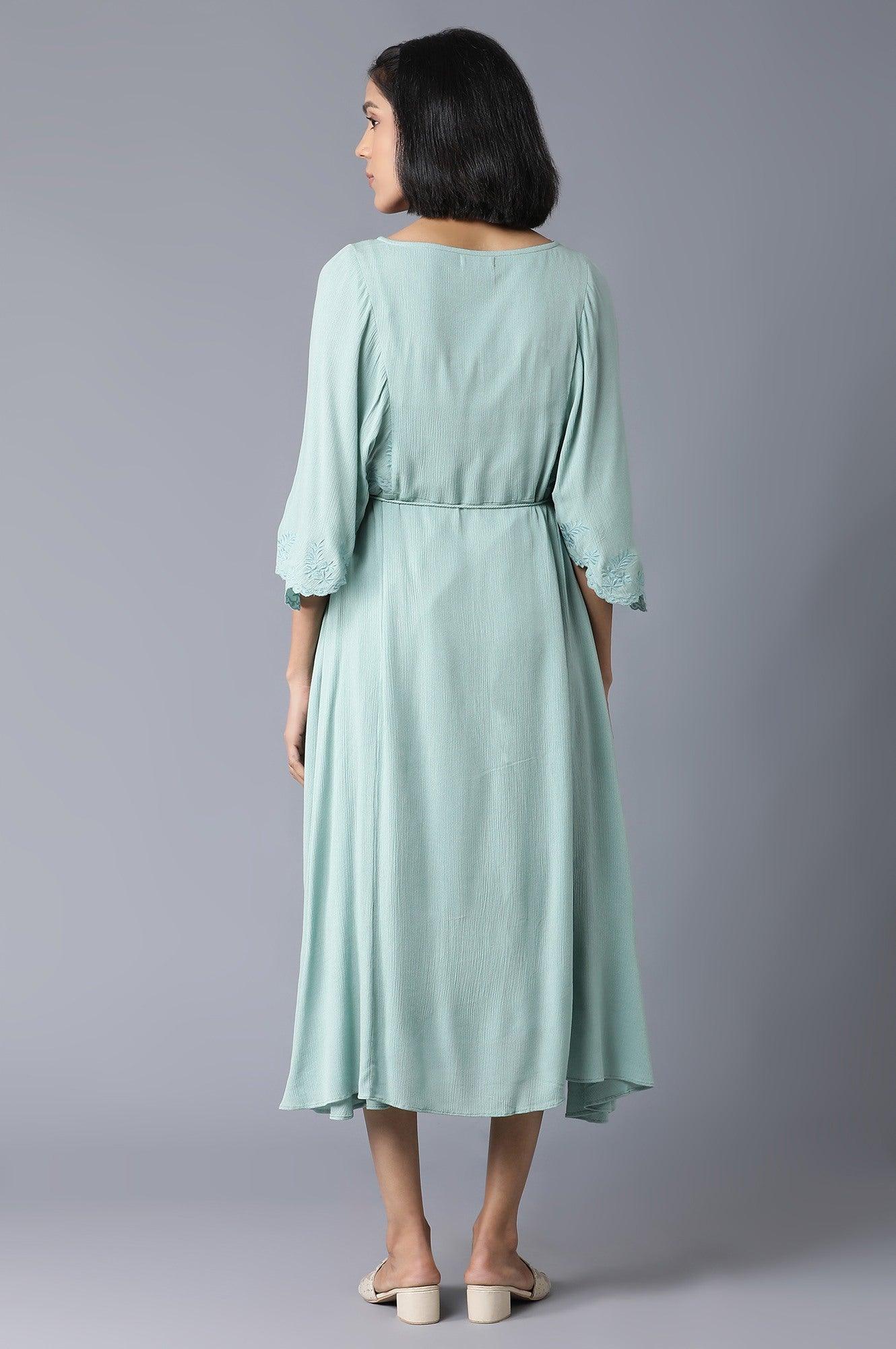 Teal Flutter Sleeve Dress With Waist Belt - Image 2